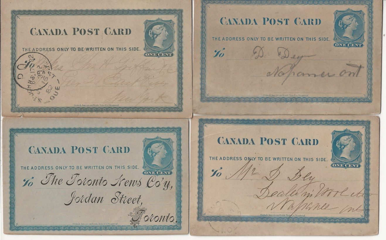 FOUR 4 EARLY SMALL SIZE CANADA POSTAL CARDS - 1880s FOUR 4 EARLY SMALL SIZE CANADA POSTAL CARDS - 1880s