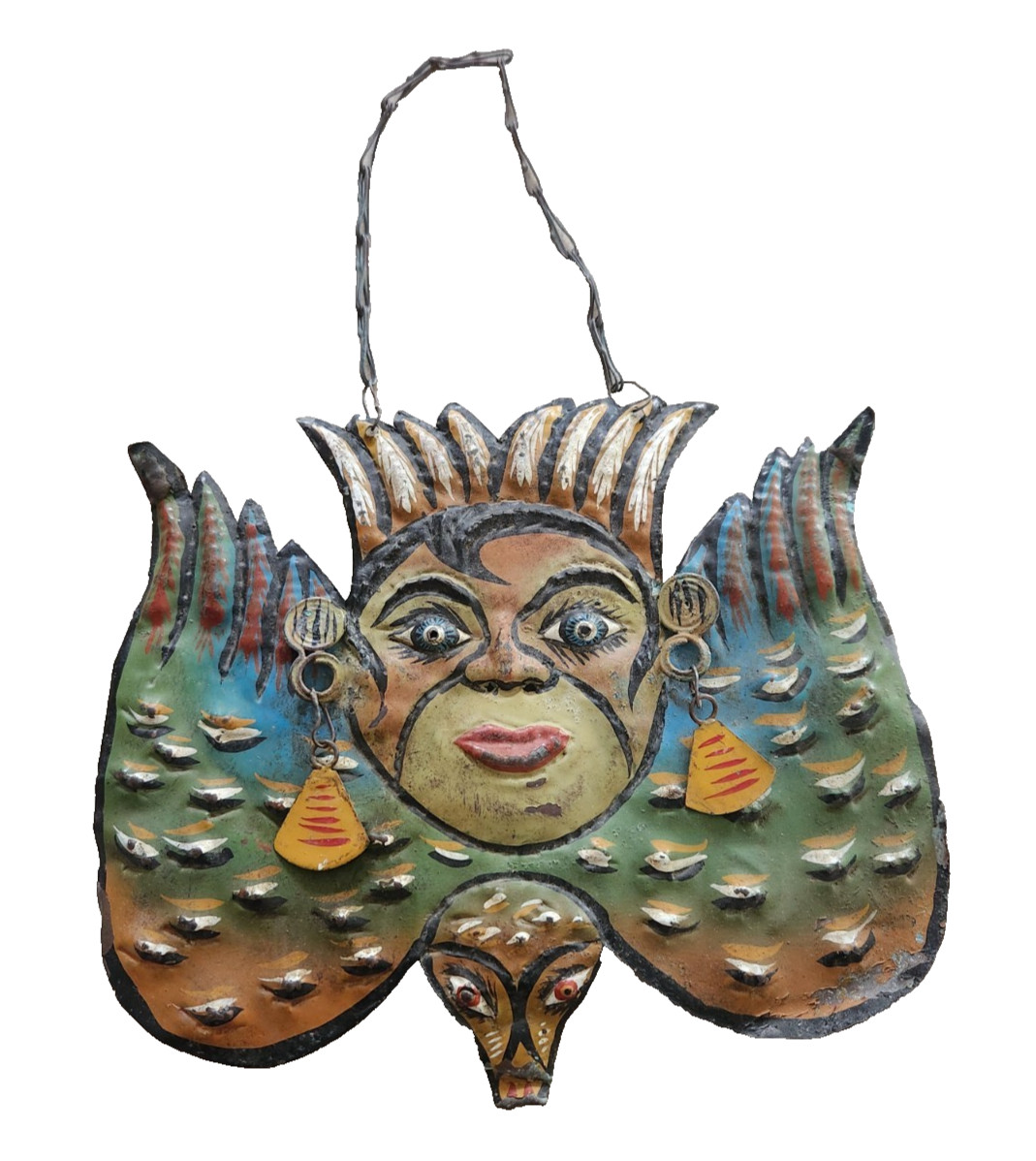 BEAUTIFUL VINTAGE MEXICAN FOLK ART COPPER MASK HAND PAINTED HAMMERED FACE WINGS BEAUTIFUL VINTAGE MEXICAN FOLK ART COPPER MASK HAND PAINTED HAMMERED FACE WINGS