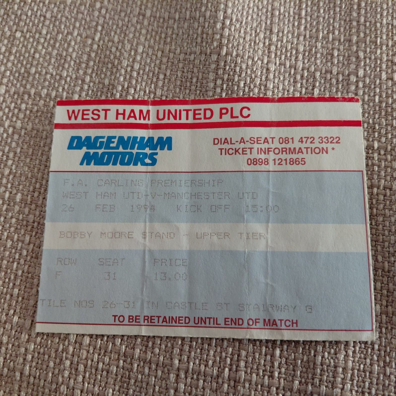 TICKET STUB -WEST HAM UNITED V MANCHESTER UNITED- PREMIER LEAGUE- FEBRUARY 1994 TICKET STUB -WEST HAM UNITED V MANCHESTER UNITED- PREMIER LEAGUE- FEBRUARY 1994