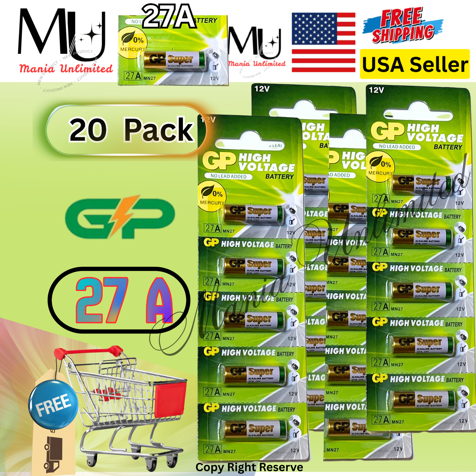 20-50-100 PACK GP A27 12V Alkaline 27-A replacement battery 