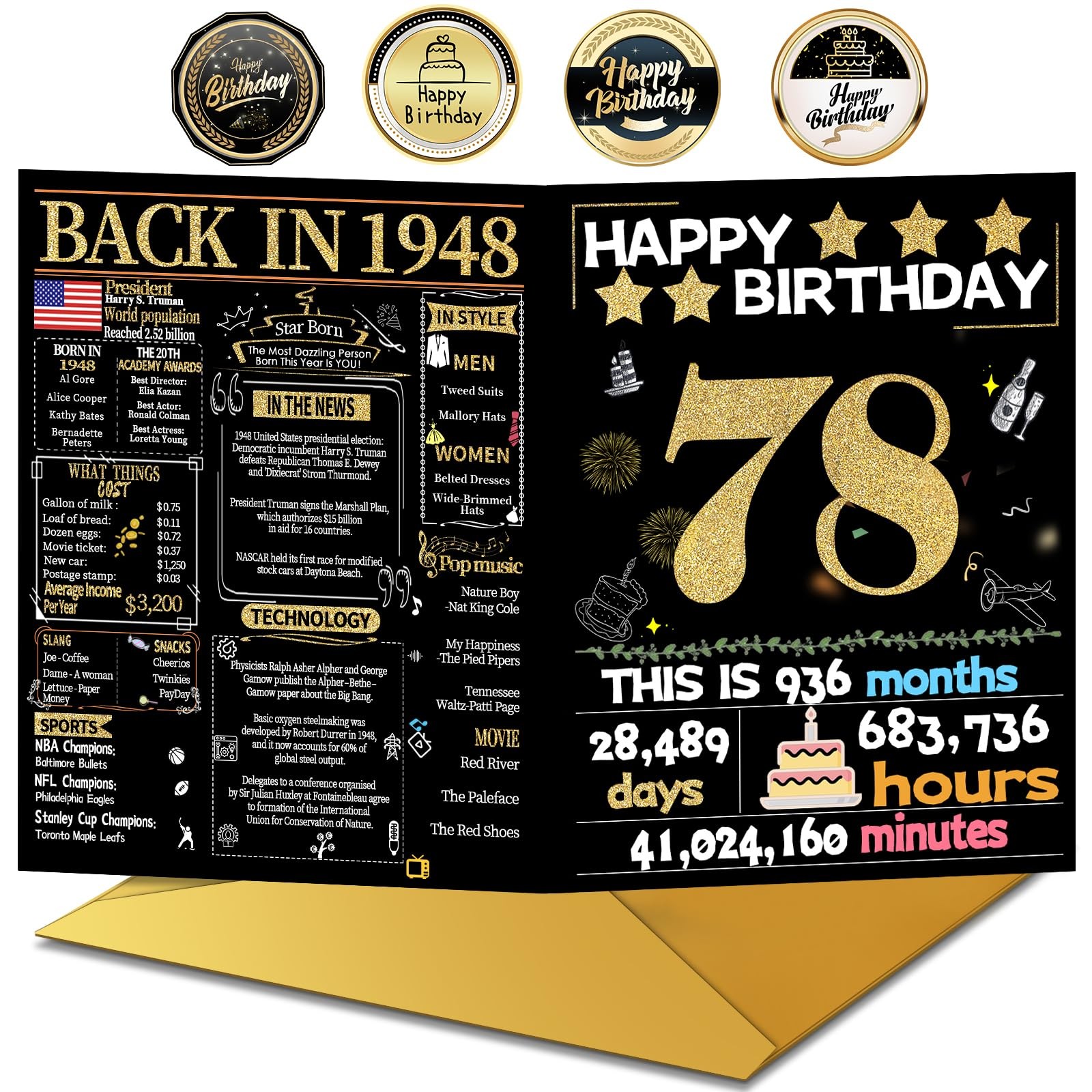 78th Birthday Card with Envelope, 78th Birthday Decorations for Women Men, 78...