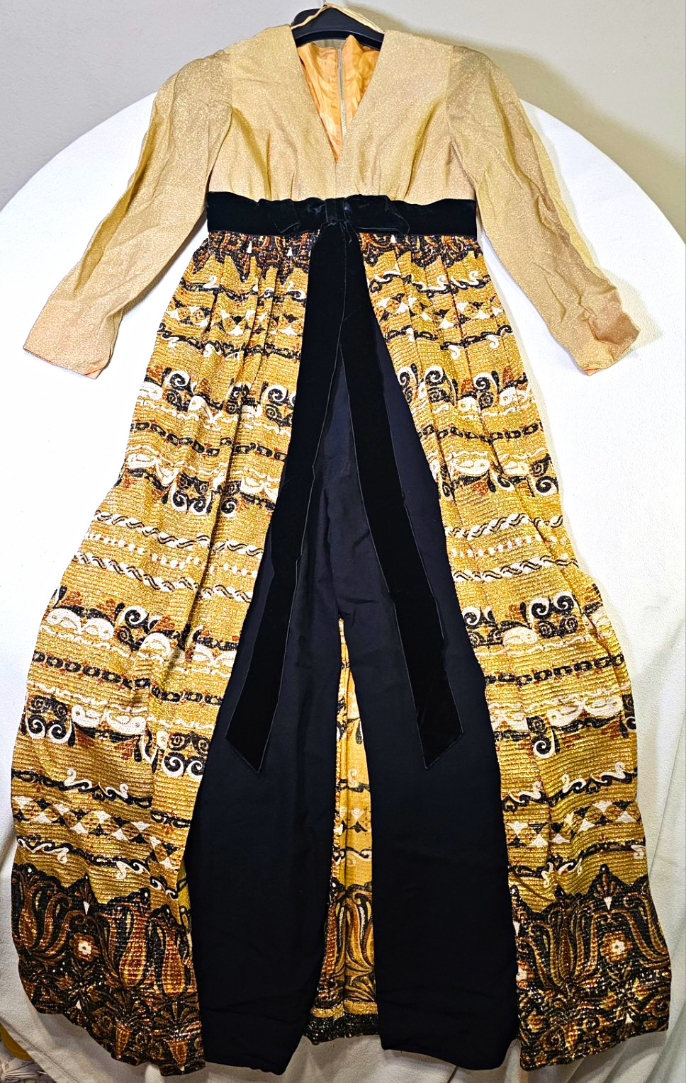 Vintage 1960s Metallic Lurex & Velvet Empire-Waist Hostess Gown Jumpsuit
