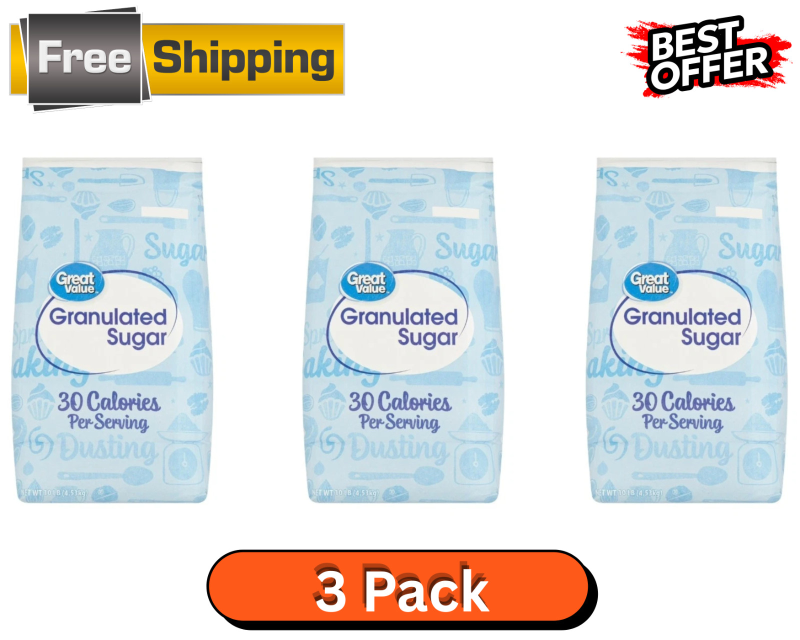 Great Value Granulated Sugar 10 lb – 3 Pack Pure White Baking Bulk Supply