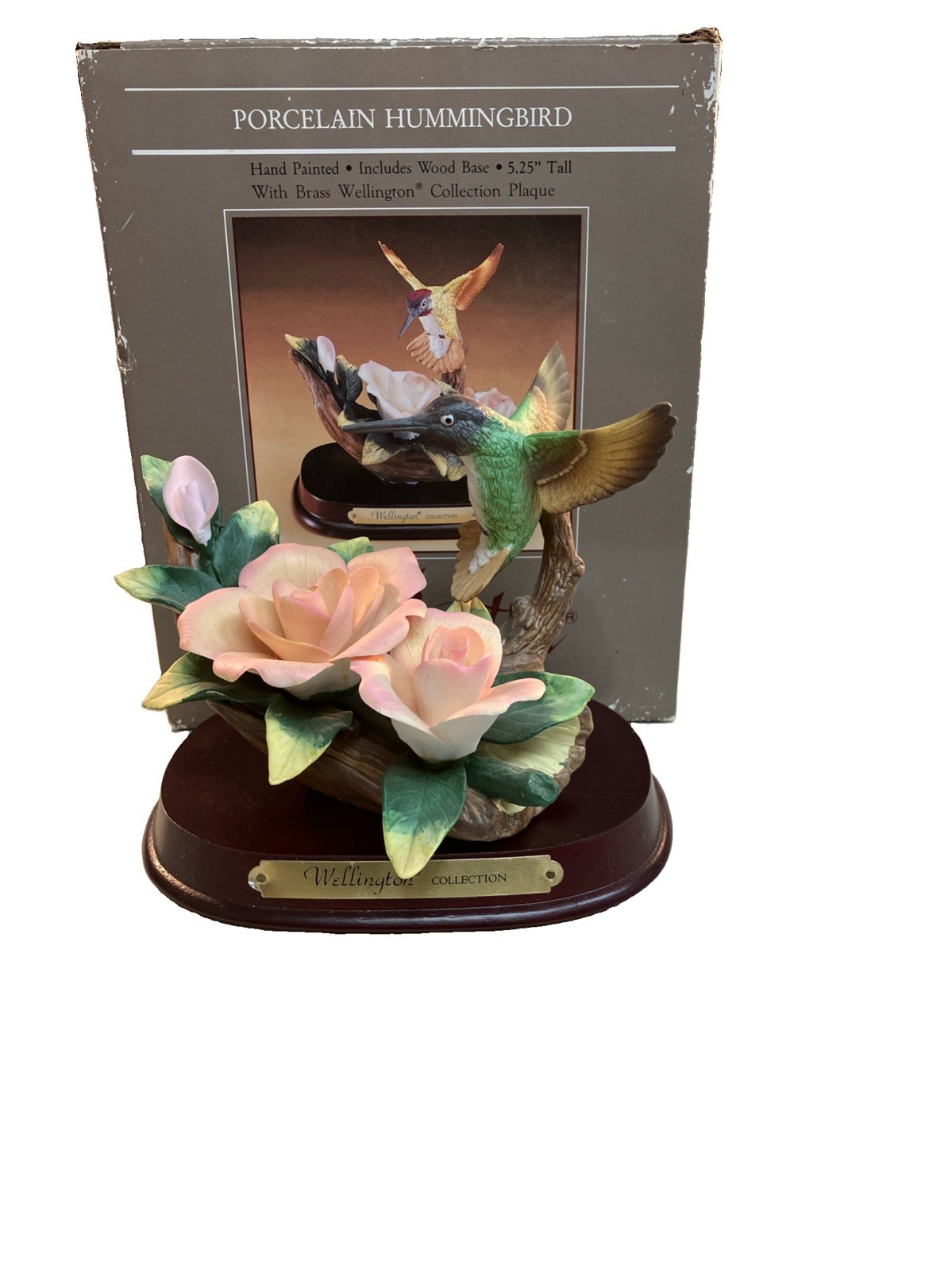 Wellington Collection Porcelain Hummingbirds Figurine Morning Glory Wooden Base Wellington Collection Porcelain Hummingbirds Figurine Morning Glory Wooden Base