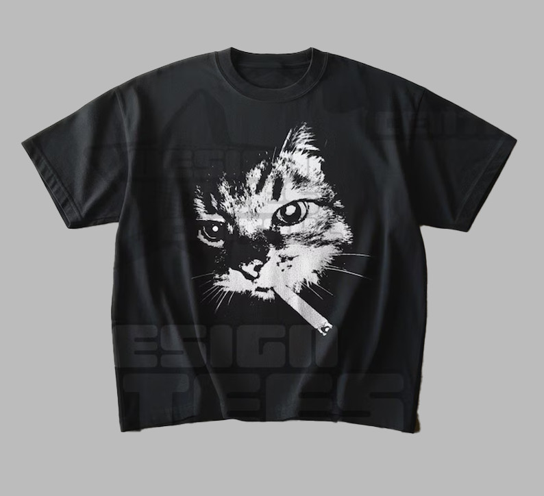 Cool Smoking Cat Graphic T-Shirt Funny Animal Print Retro Style Black Tee
