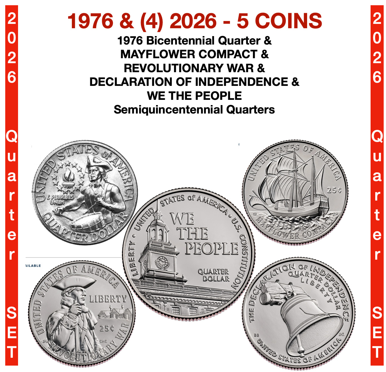 ONE 1976 Bicentennial and FOUR 2026 Semiquincentennial Quarters 5 COIN SET