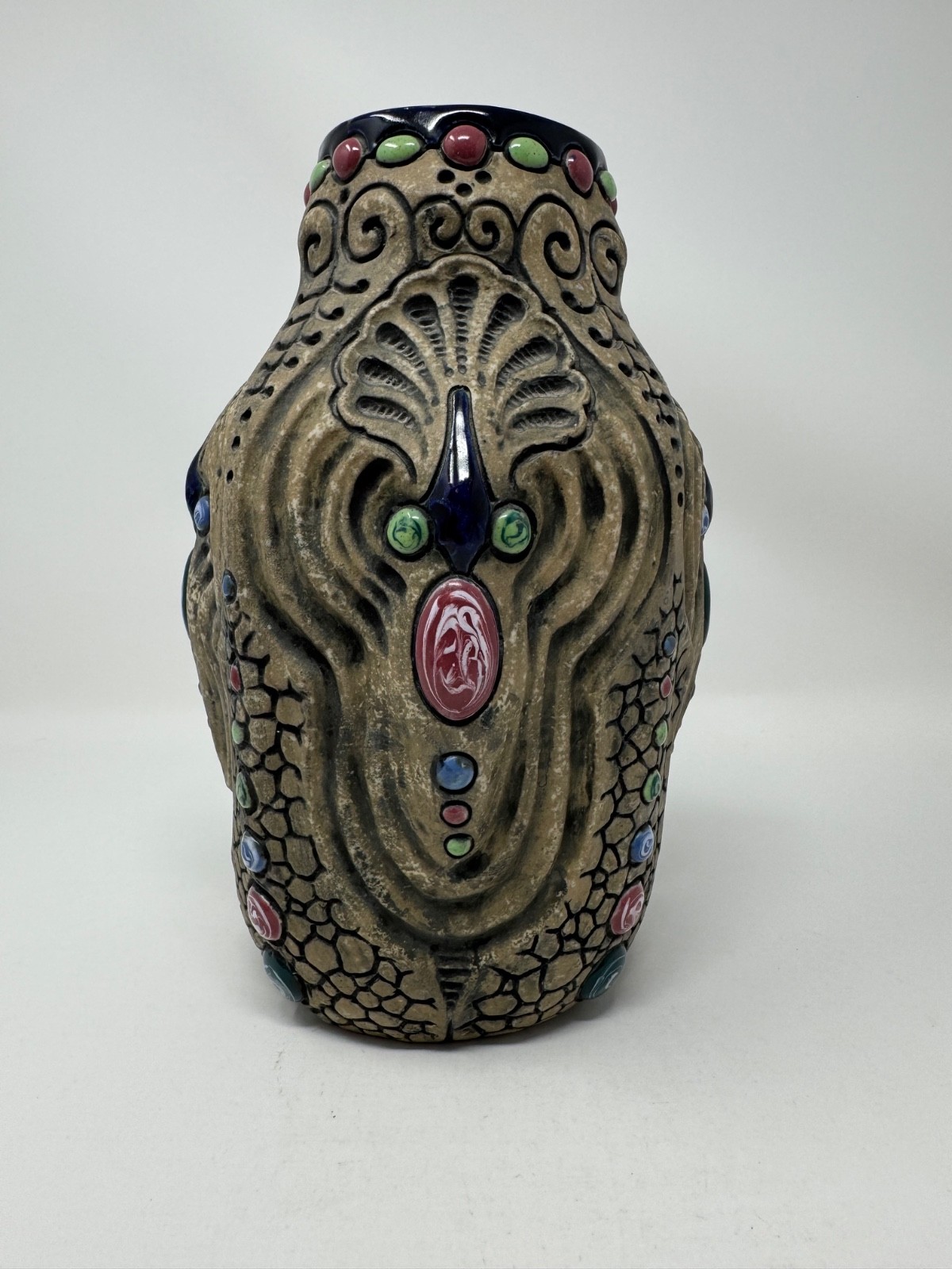 Antique Amphora Czechoslovakia Gres Bijou Jeweled Art Nouveau Face Vase 9.5\