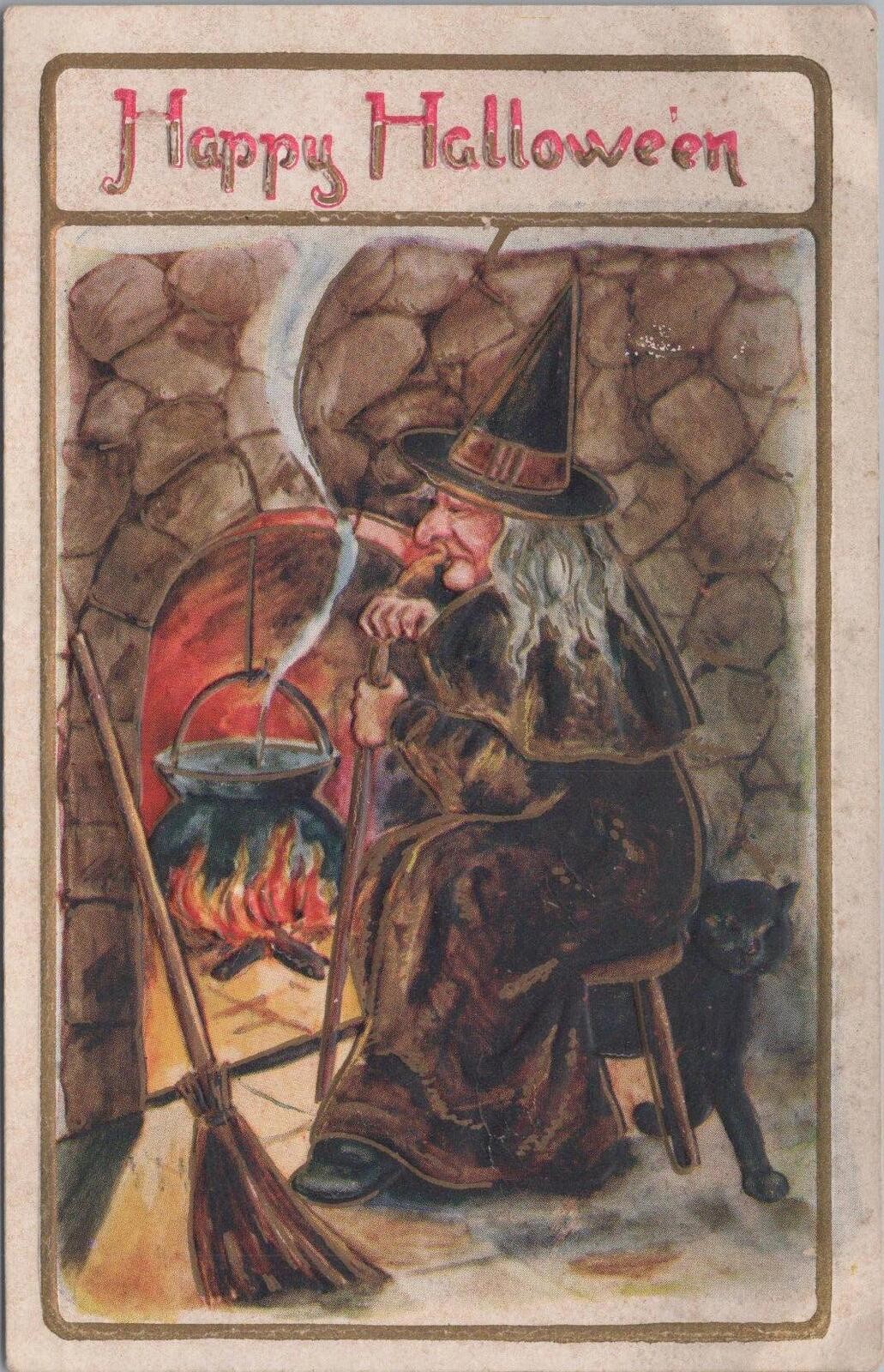 Antique Embossed Halloween Postcard- Witch Sits By Fire With Broom