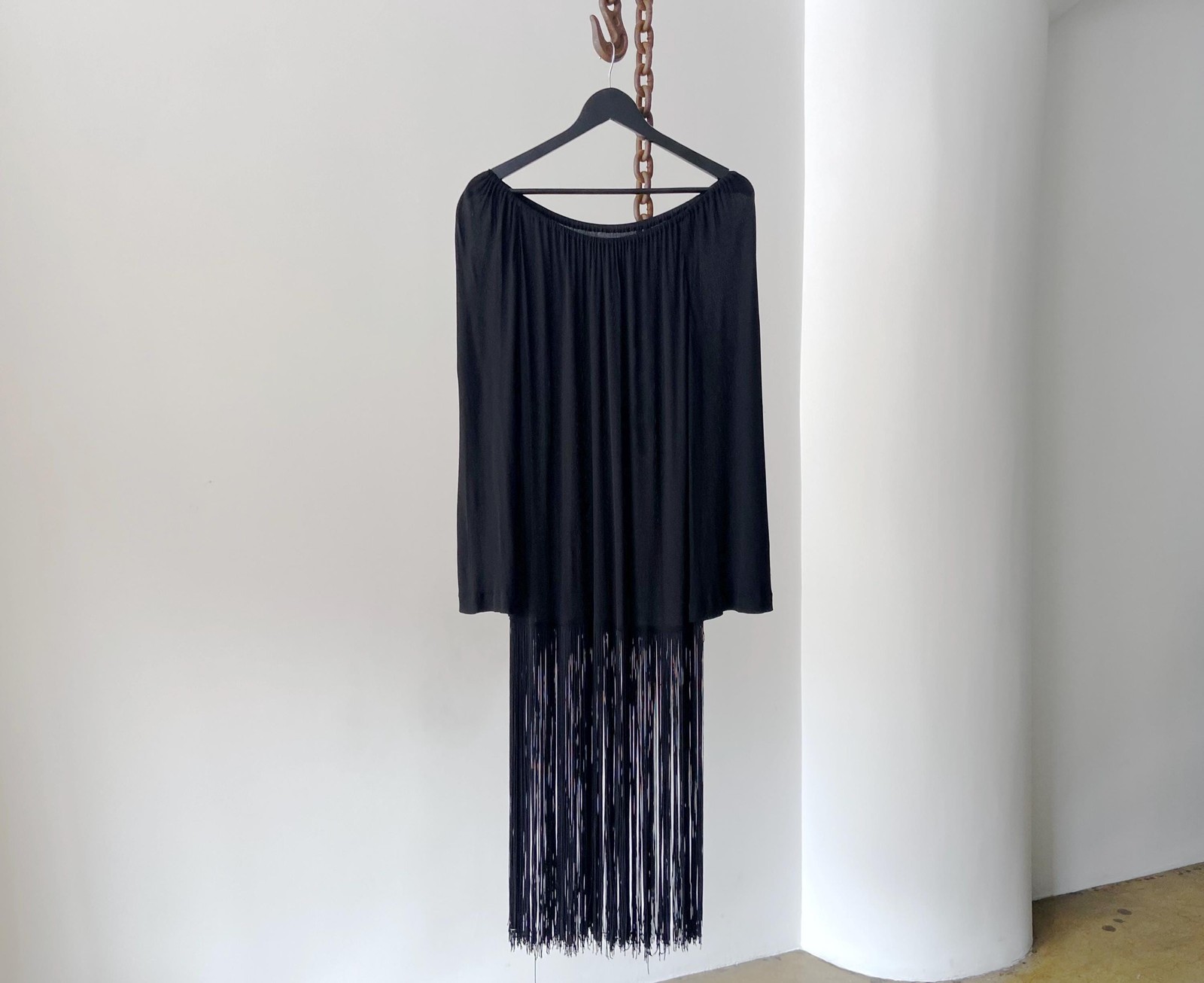Vintage 70s Miss Dior Black Rayon Fringe Dress - Made in France