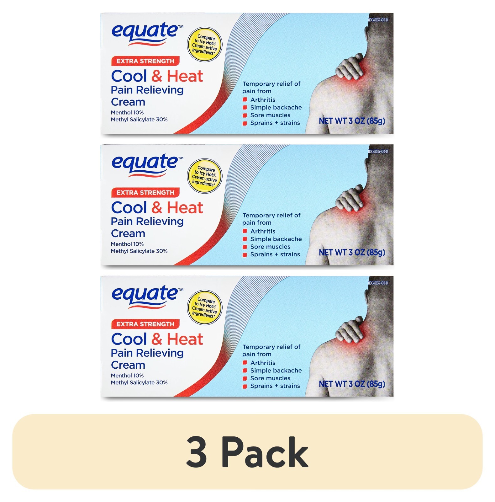 (3 Pack) Equate Extra Strength Cool & Heat Pain Relieving Cream Menthol 10% Meth