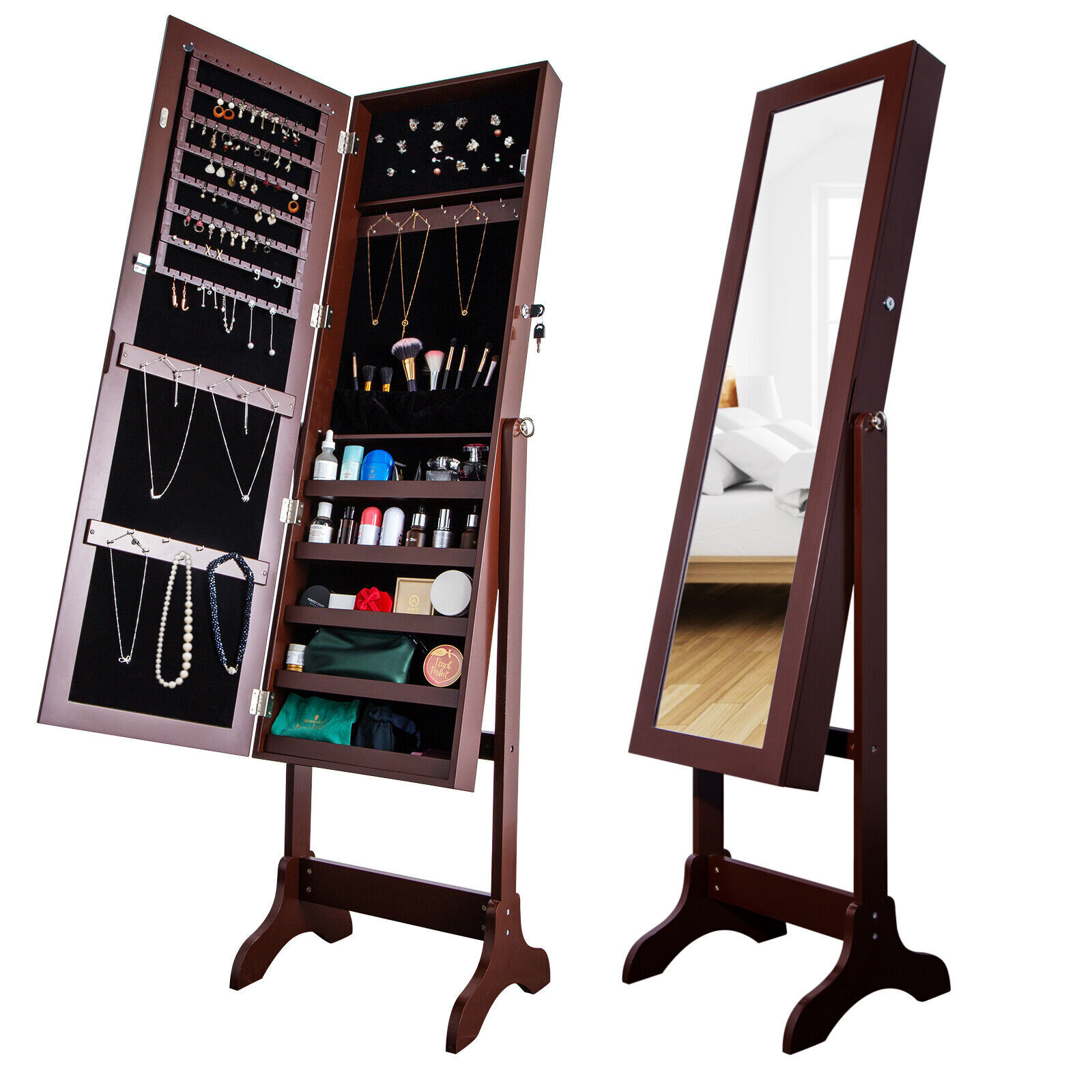 Jewelry Armoire Cabinet Free Standing Storage Organizer with Full Length Mirror