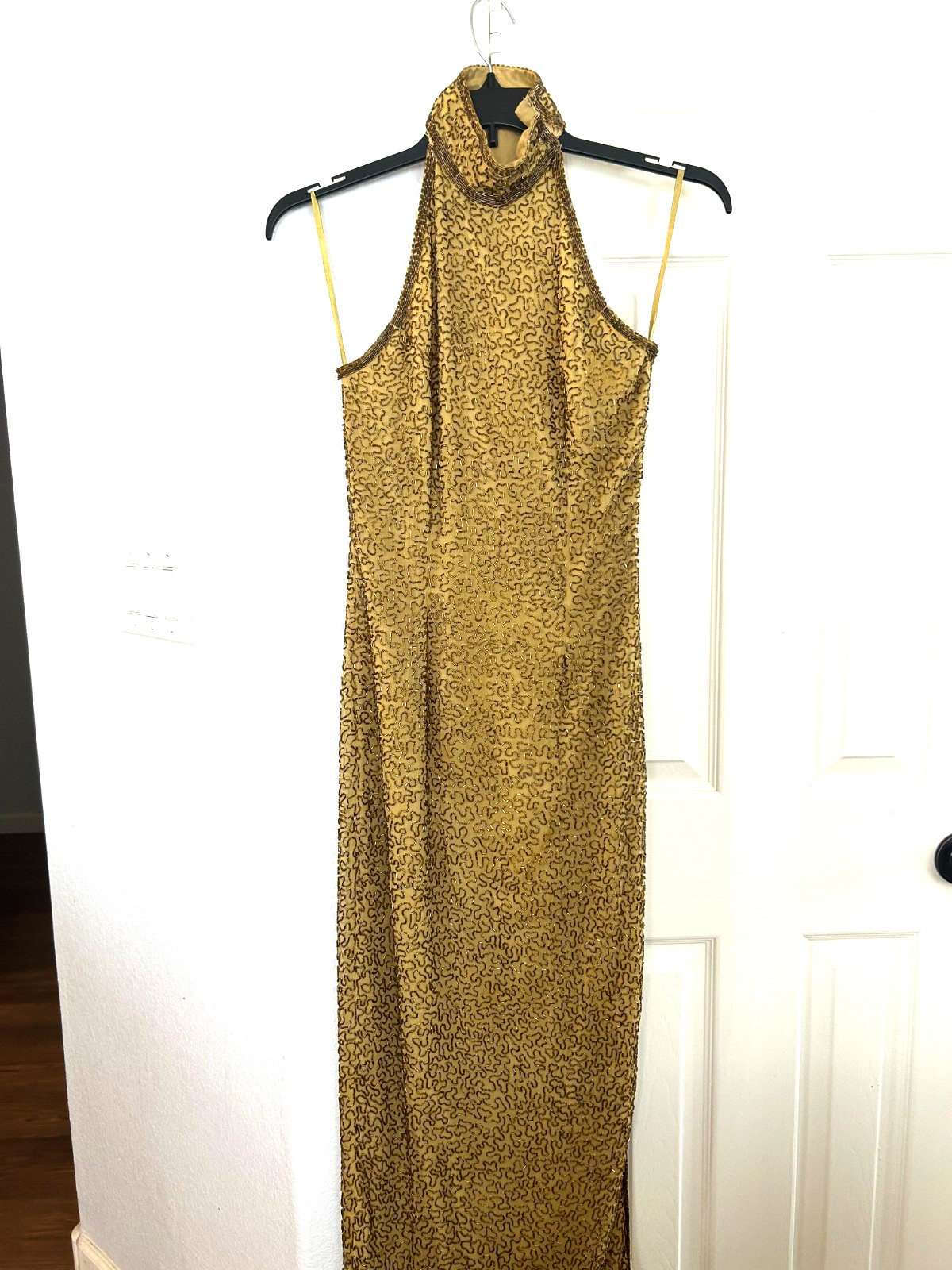 Lawrence Kazar 100% silk evening maxi dress gown sequins Gold Vintage S Lawrence Kazar 100% silk evening maxi dress gown sequins Gold Vintage S