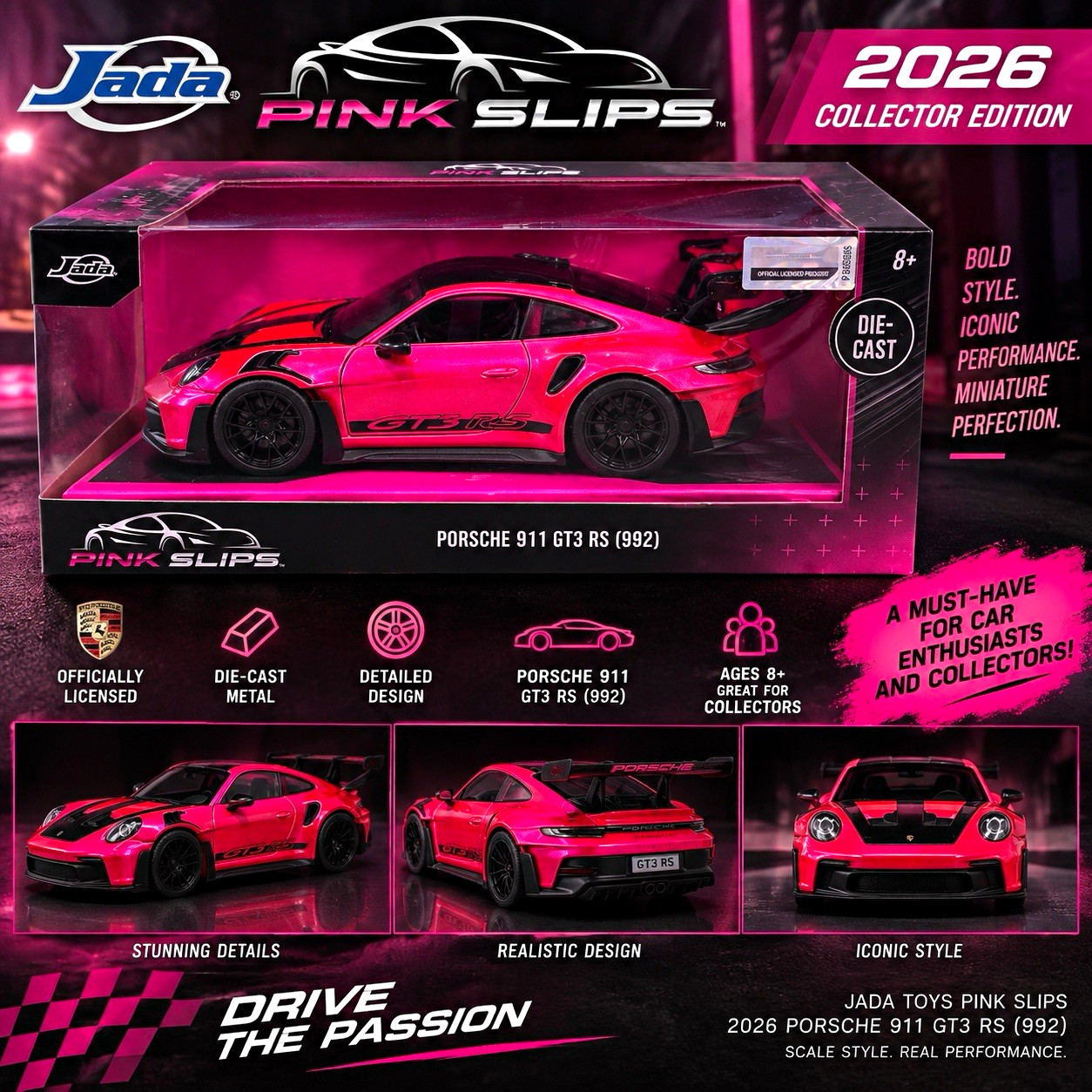 Jada Toys Pink Slips 2026 Porsche 911 GT3 RS (992) 1:24 Diecast - Pink Jada Toys Pink Slips 2026 Porsche 911 GT3 RS (992) 1:24 Diecast - Pink