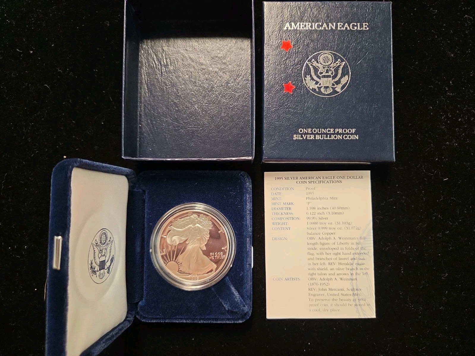 1995-P Proof $1 American Silver Eagle with OGP, BOX & COA~ L👀K SHIPS FREE