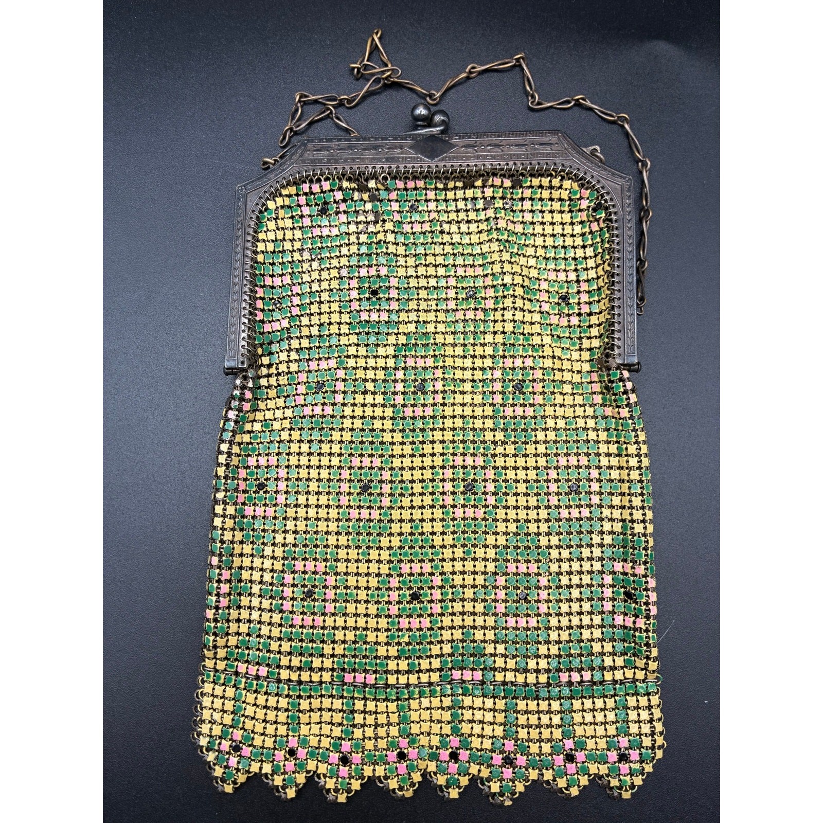 Antique 1920s Enamel Metal Mesh Purse Art Deco Flapper Bag Yellow Green Pink