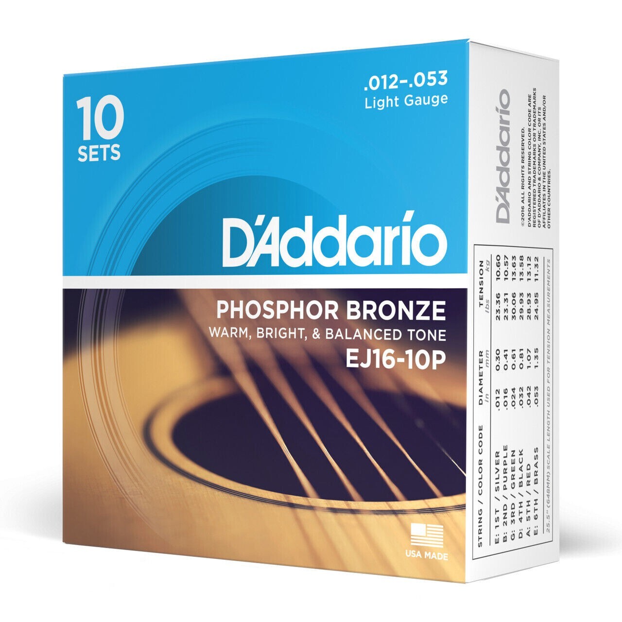 10 Pack EJ16 D\'Addario EJ16-10P Light Acoustic Guitar Strings Phosphor Bronze