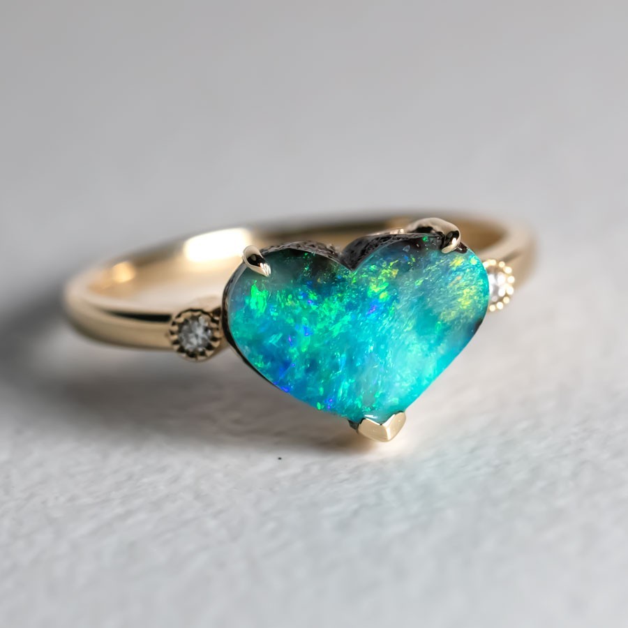 2.15ct Heart Shaped Boulder Opal & Diamond Engagement Ring in 14K Yellow Gold