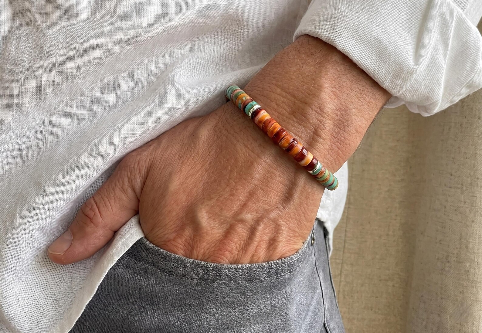 Sunset Bracelet, Red Spiny Oyster & Blue Arizona Turquoise Heishi Bracelet