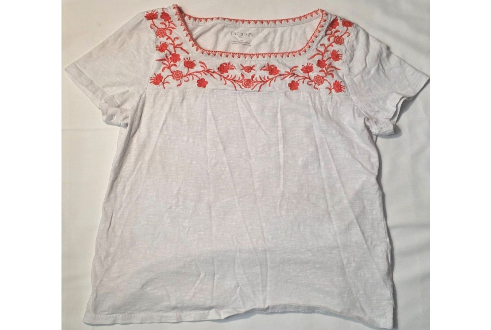 Talbots Petite LP White Orange Floral Embroidered 100% Cotton Boho T-Shirt