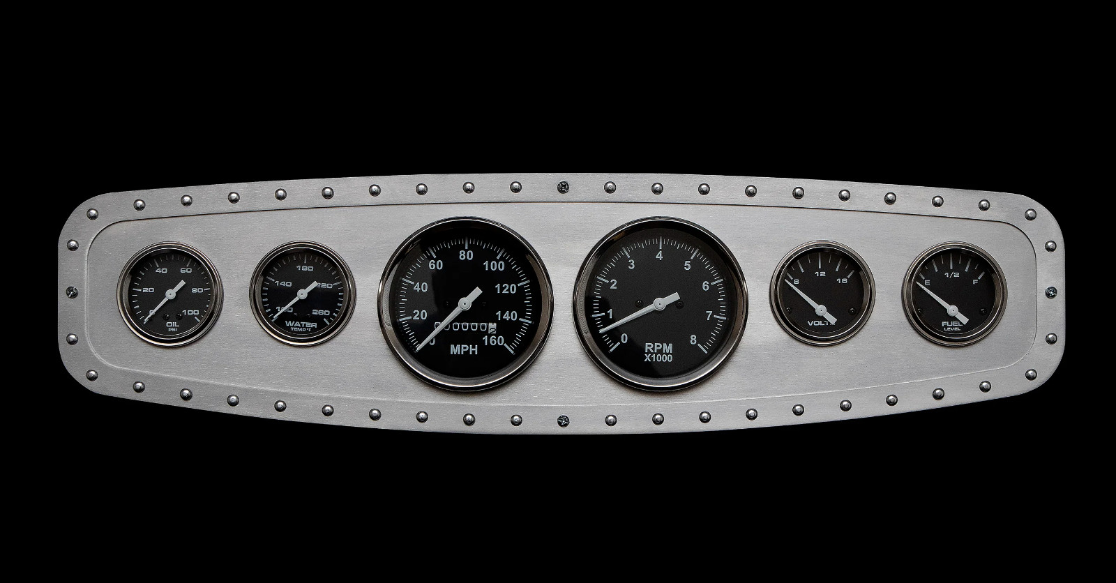 1932 Ford Aviation 6 Gauge Aluminum Dash Insert + Silver Frame + Silver Rivets
