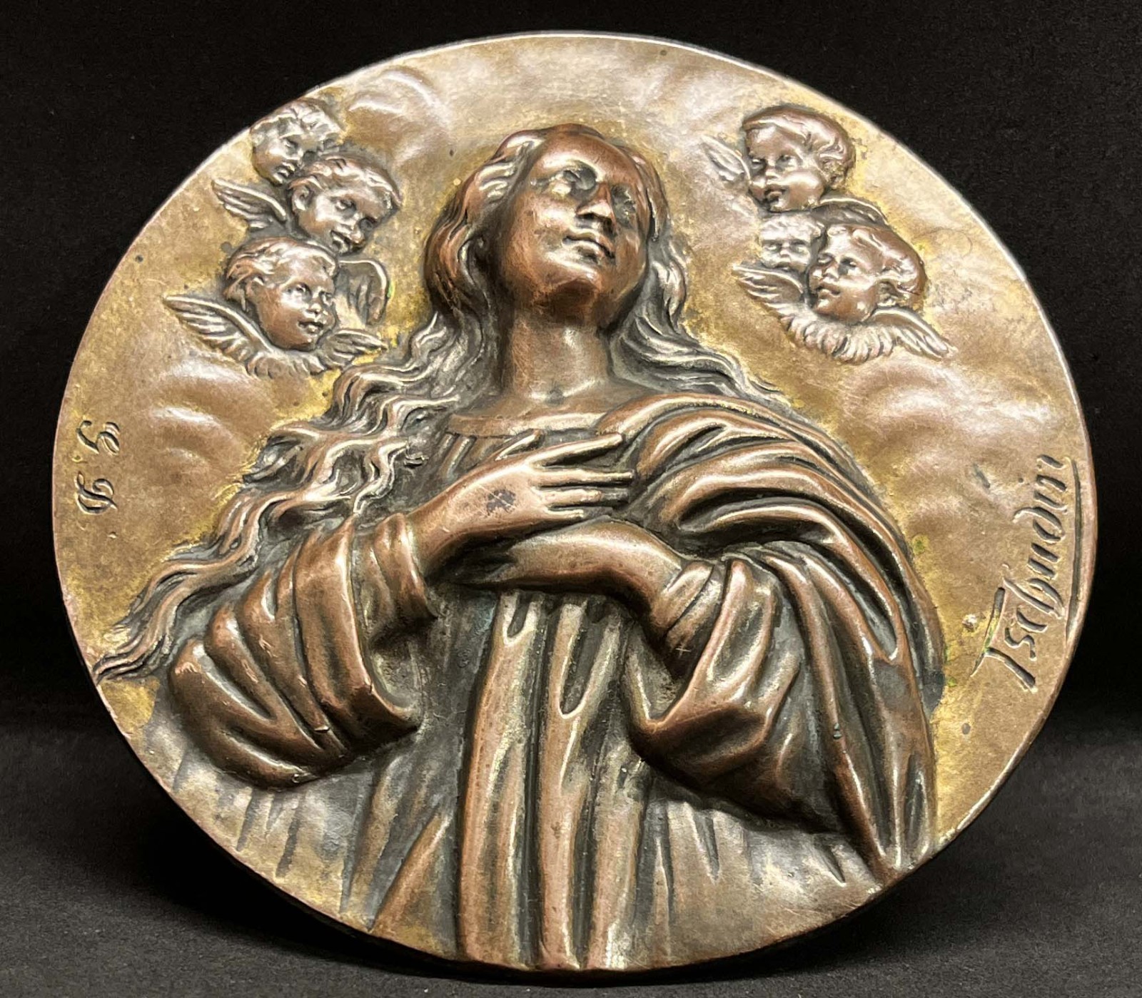 by Tschudin France antique Virgin Mary & Cherubs high relief plaque Size: 10 cms