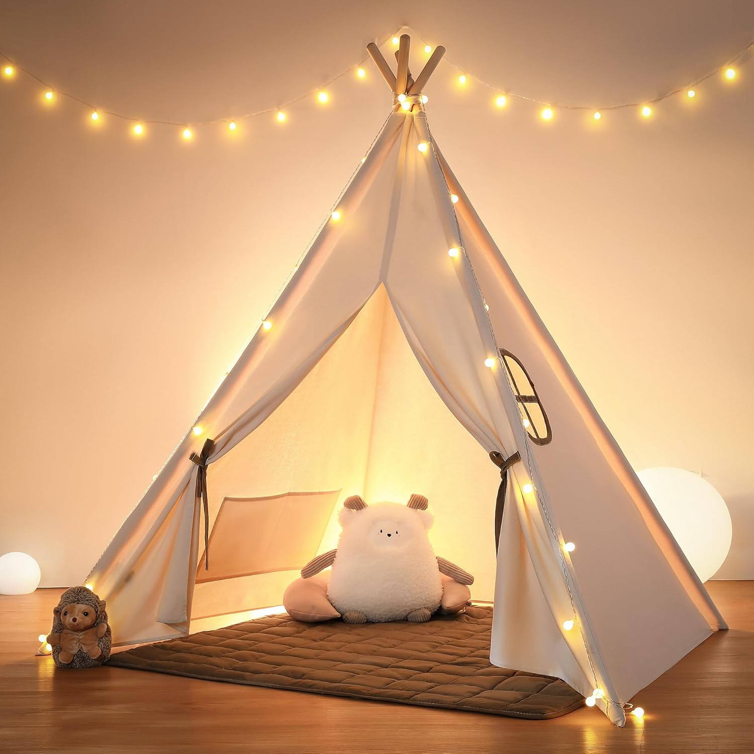 Besrey Kids Teepee Tent for Girl/Boy with Lights/Mat,Toddler Play Tent,White