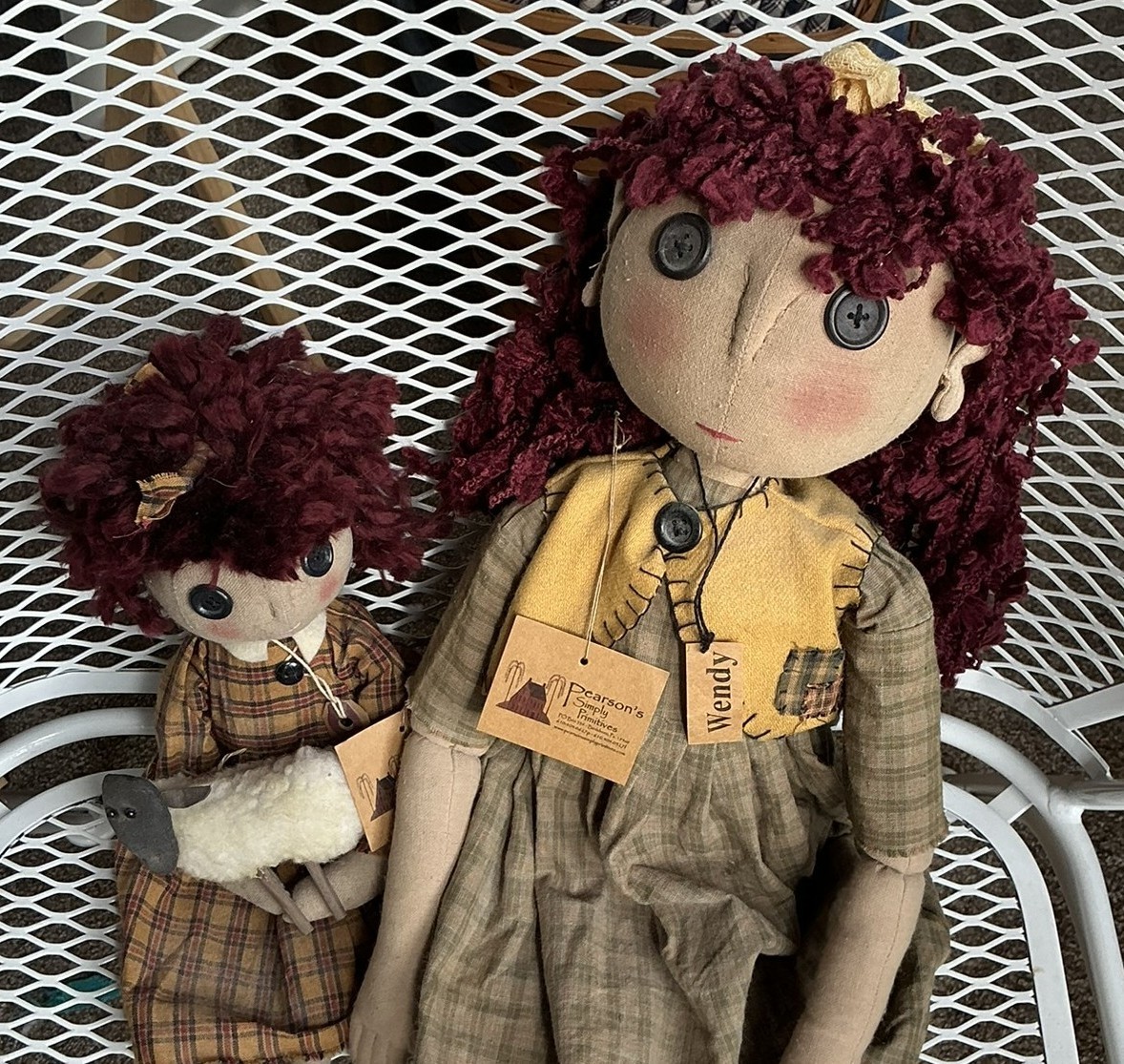 Pearson’s Simply Primitives Wendy & Sherri Cloth Dolls w Sheep 