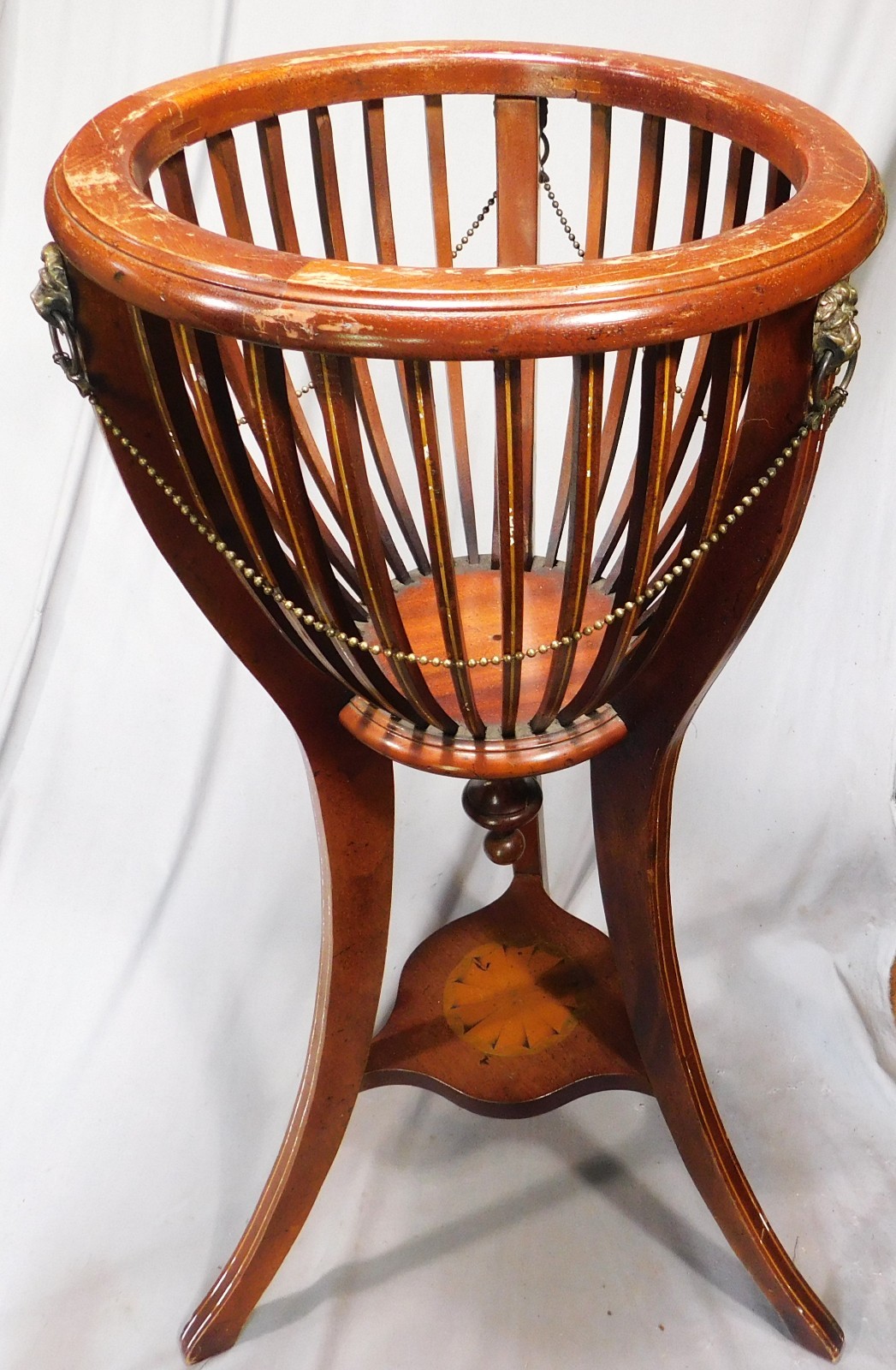 Antique Victorian Mahogany Jardiniere Plant Stand Lion Heads Inlay c1890 brass