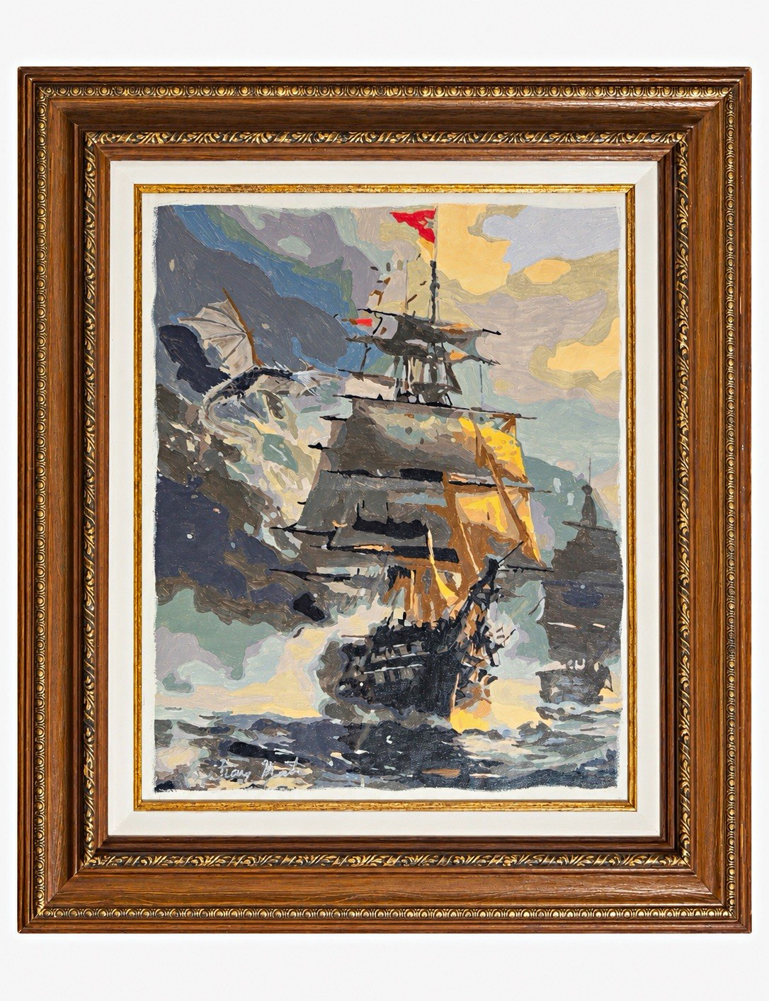 Brittony Martin Original Framed Acrylic Painting Sailing Ship with Dragon Brittony Martin Original Framed Acrylic Painting Sailing Ship with Dragon