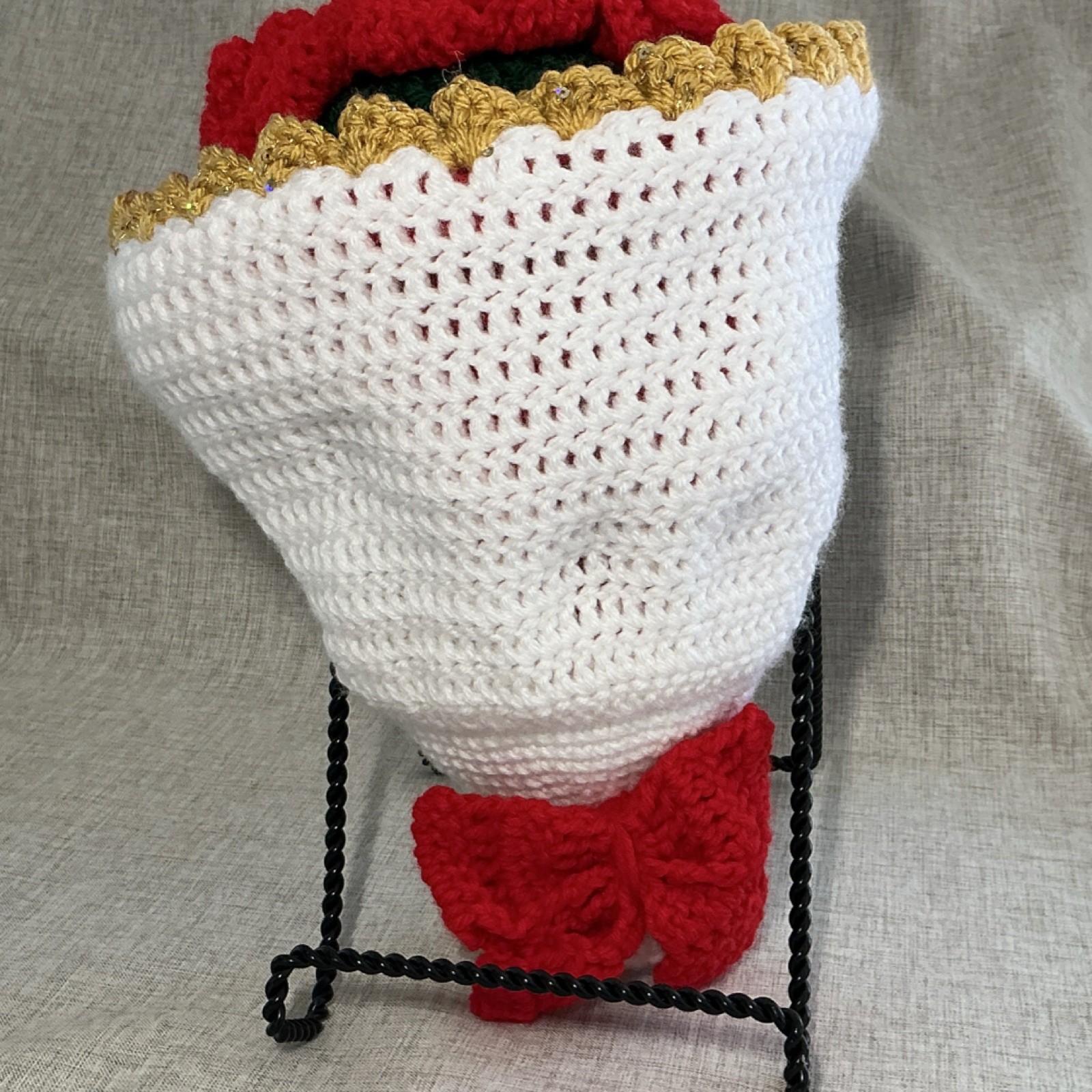 Rose bouquet Handcrafted Crochet Virgin Mary  Gold Trim 12 Inches Tall