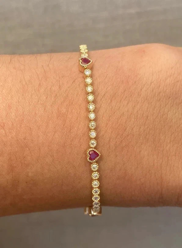 8Ct Lab Created Diamond Tennis Bezel Ruby Heart Bracelet 14K Yellow Gold Plated