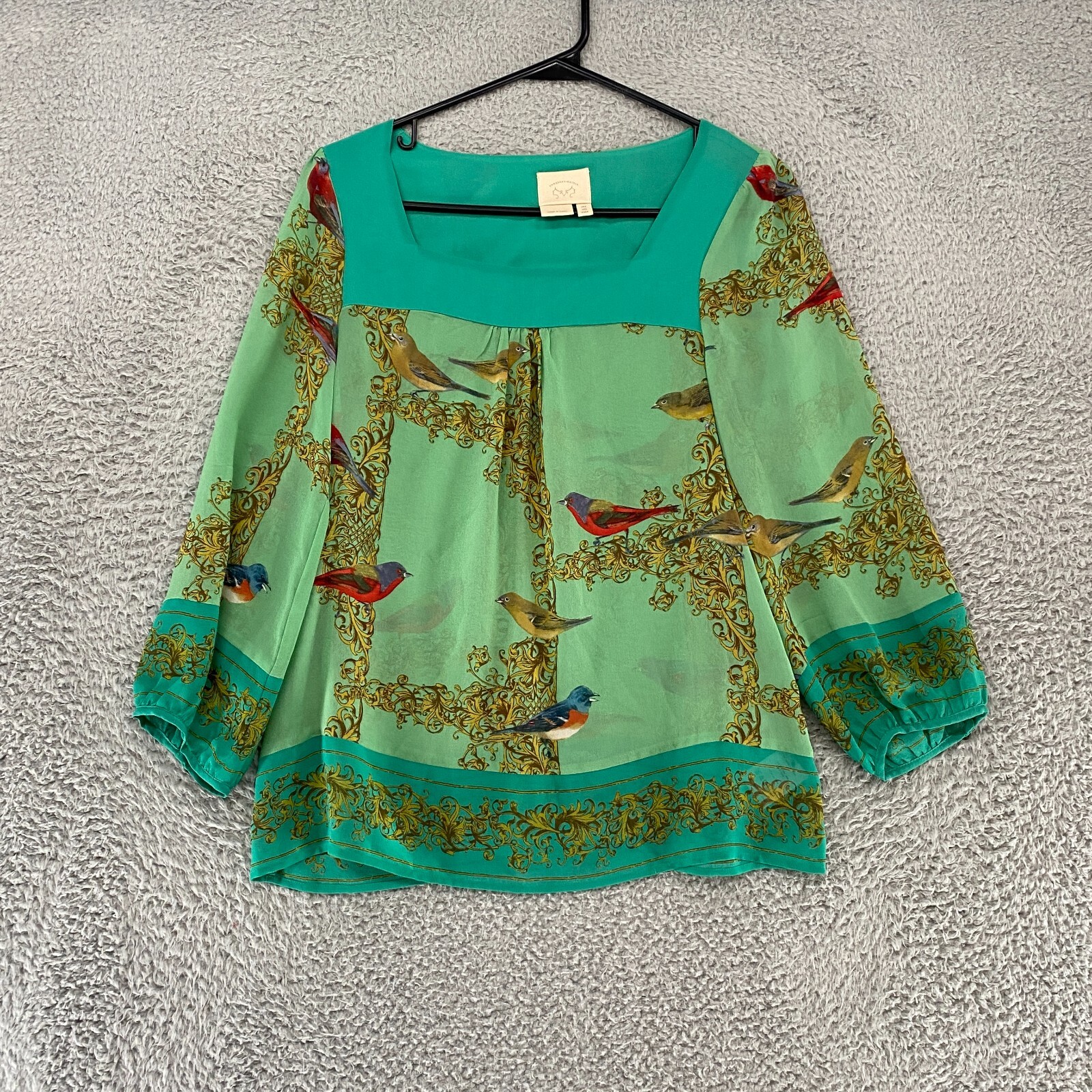 Vanessa Virginia Top Womens 2 Bird 100% Silk Anthropologie Y2K Blouse Green