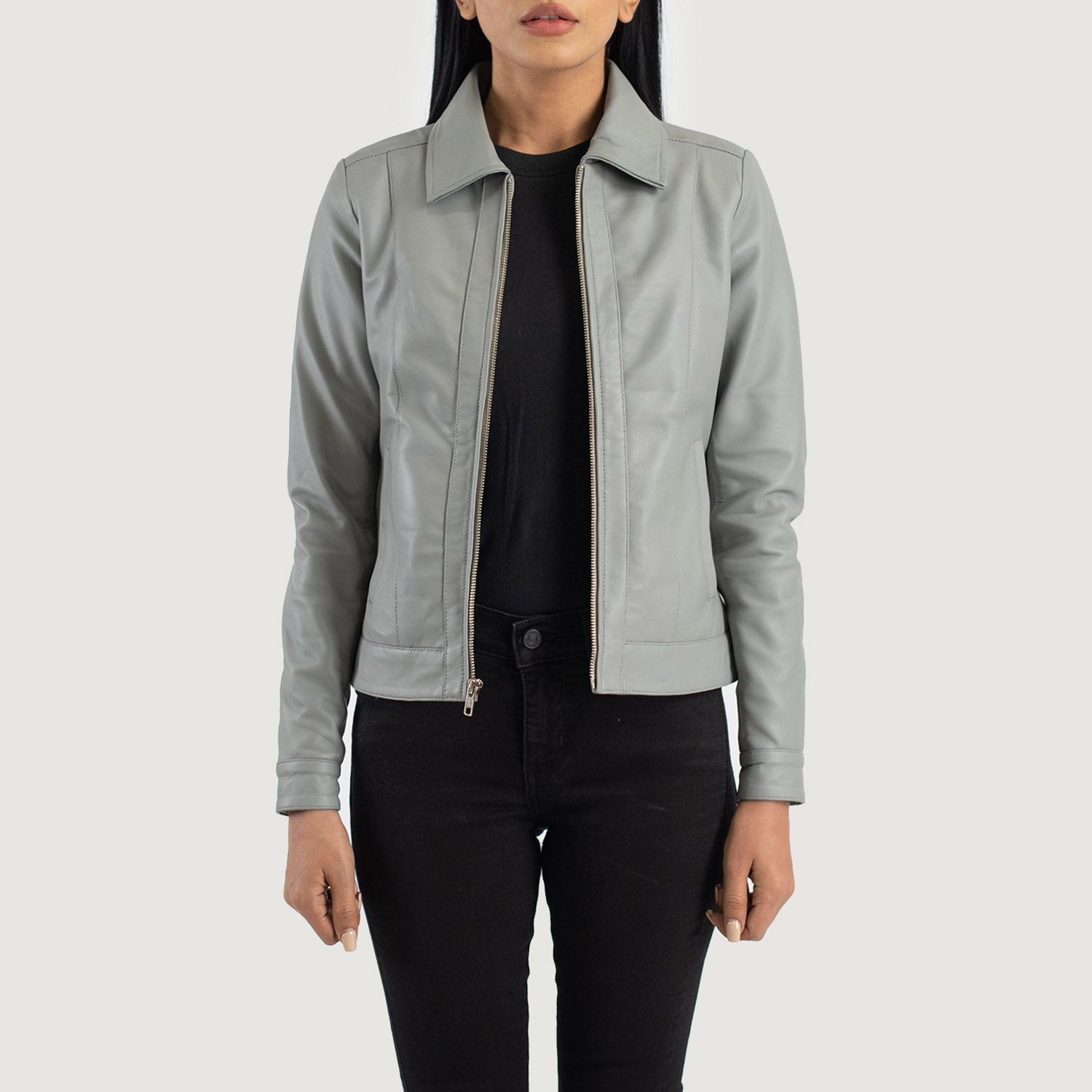 Women’s Genuine Leather Jacket Grey Classic Biker Moto Lambskin Slim Fit