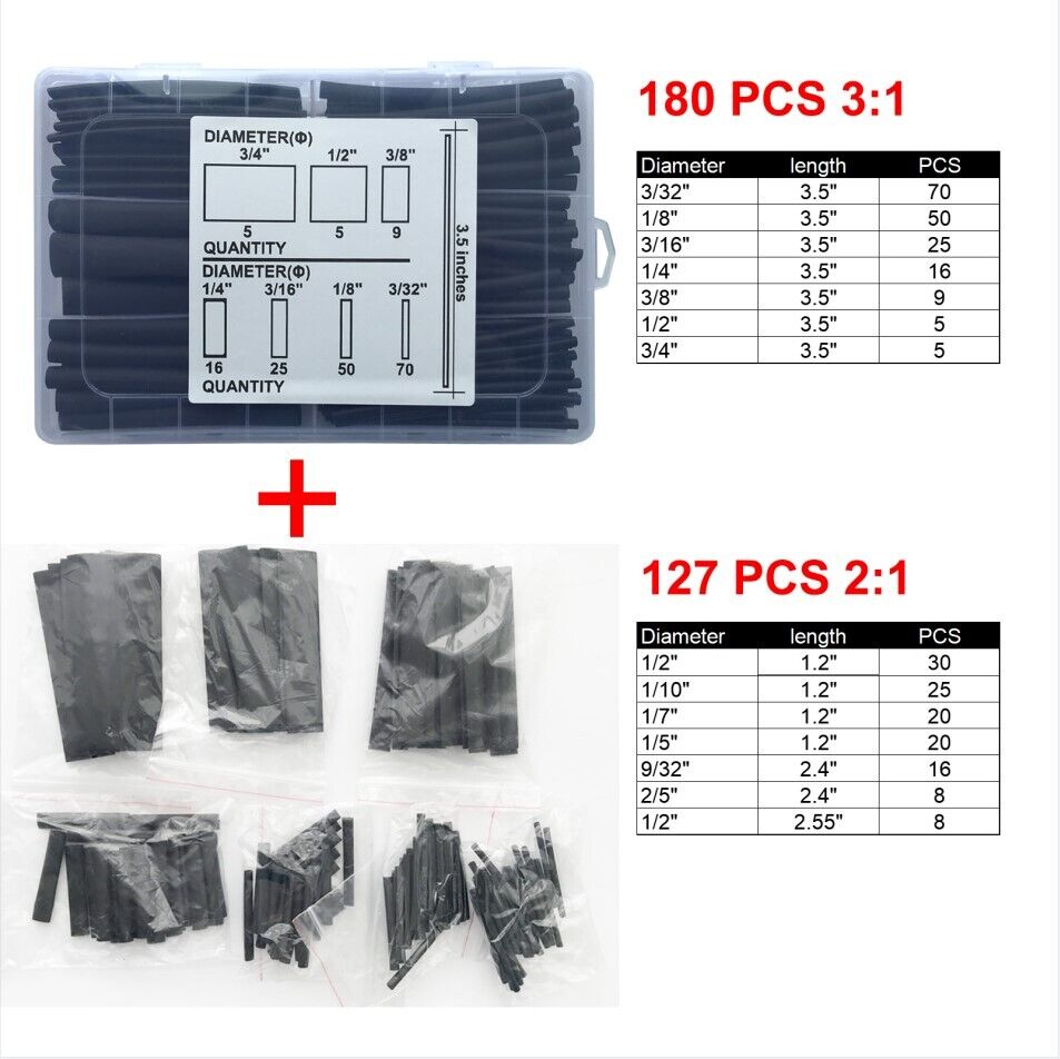 Wirefy 180 PCS Heat Shrink Tubing Kit - 3:1 Dual Wall Tube w Adhesive - Black US