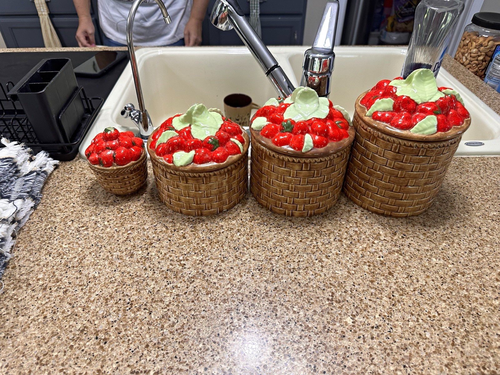 Vintage 1970’s Sculpted Ceramic Basket-Weave Strawberry Canister Set 4pc W/ Lid Vintage 1970’s Sculpted Ceramic Basket-Weave Strawberry Canister Set 4pc W/ Lid