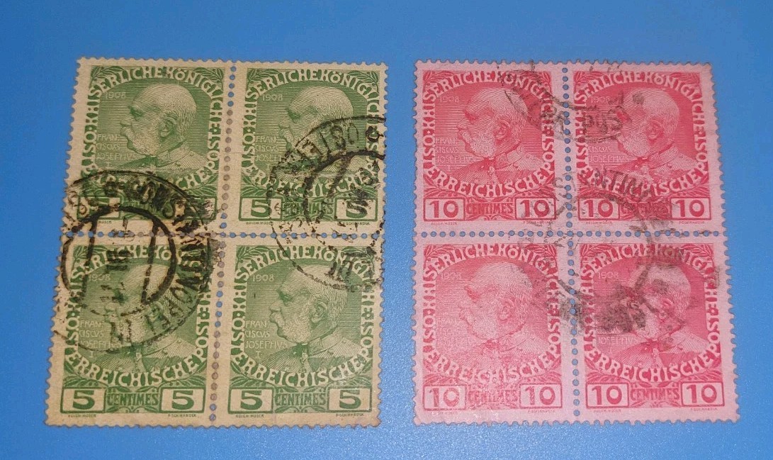 1908 Austria Levant 5c & 10c Jubilee Blocks of 4 with 1914 Constantinople...
