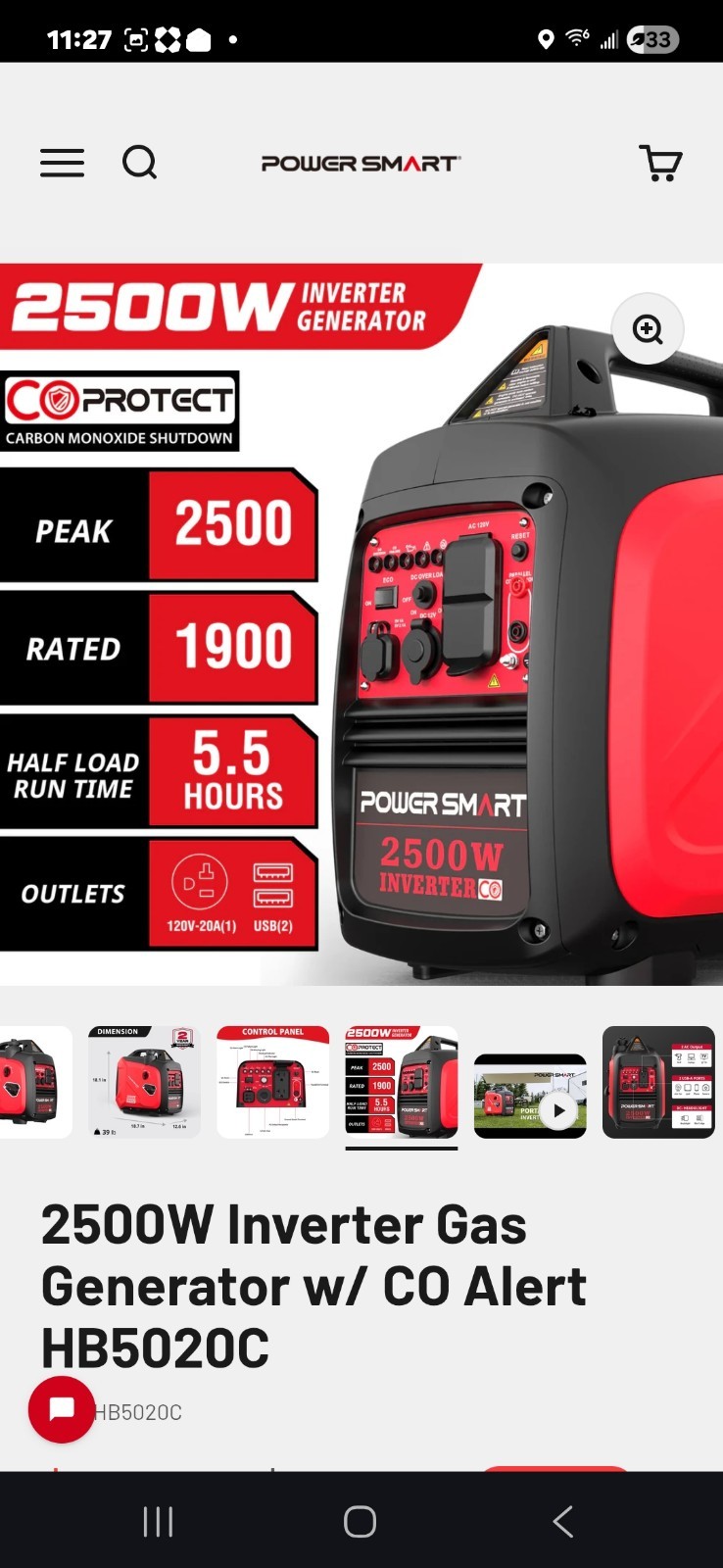 PowerSmart 2500W Inverter Gas Generator CO Sensor HB5020C Red Portable 5.5hr PowerSmart 2500W Inverter Gas Generator CO Sensor HB5020C Red Portable 5.5hr