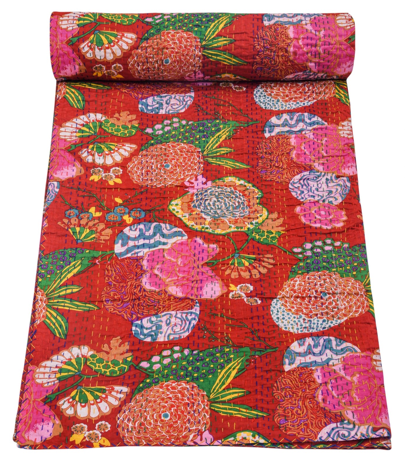 Marubhumi Indian Handmade Stitched Pure Cotton Fruit Print Kantha Quilt Marubhumi Indian Handmade Stitched Pure Cotton Fruit Print Kantha Quilt