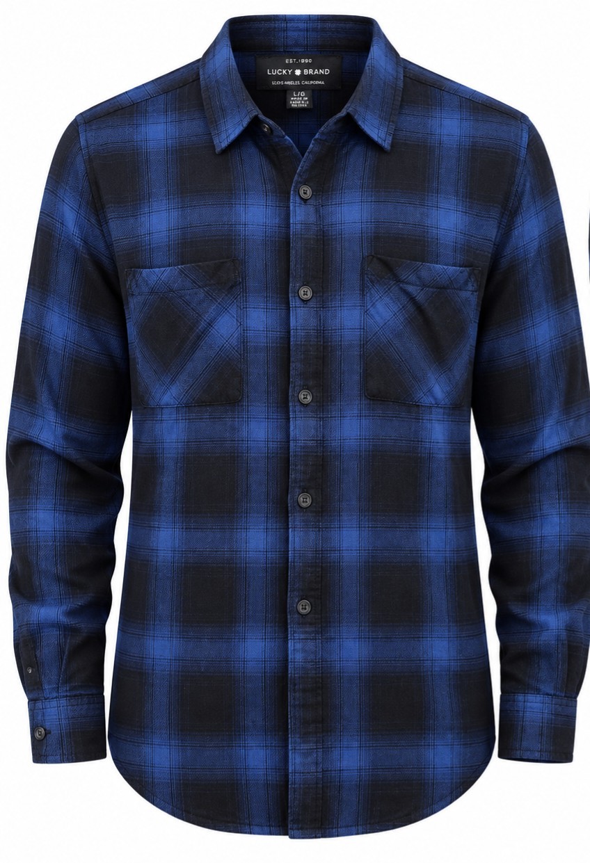 Lucky Brand Blue & Black Plaid Long Sleeve Henley Popover Shirt - Women\'s Large Lucky Brand Blue & Black Plaid Long Sleeve Henley Popover Shirt - Women\'s Large