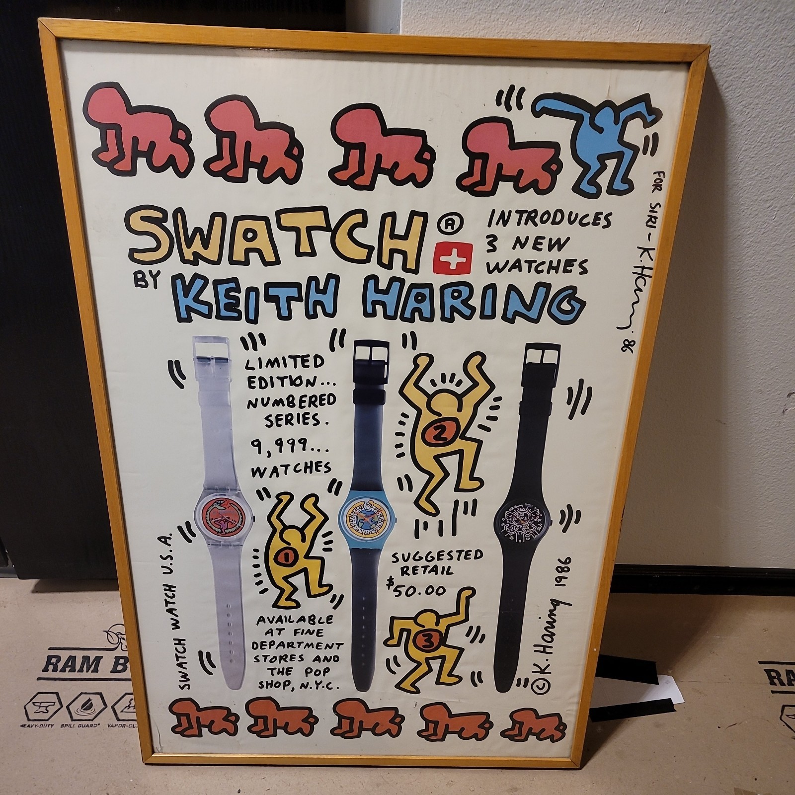 1986 KEITH HARING SWATCH WATCH USA RARE SIGNED VINTAGE PROMOTION POSTER 36x25in 1986 KEITH HARING SWATCH WATCH USA RARE SIGNED VINTAGE PROMOTION POSTER 36x25in