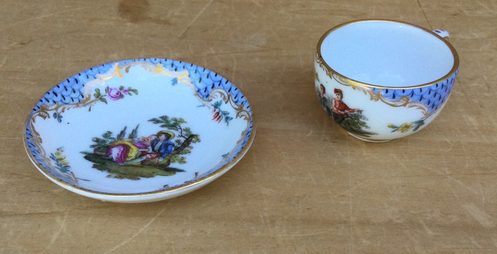 Antique Helena Wolfsohn Handpainted Porcelain Miniature Cup & Saucer, Dresden Antique Helena Wolfsohn Handpainted Porcelain Miniature Cup & Saucer, Dresden