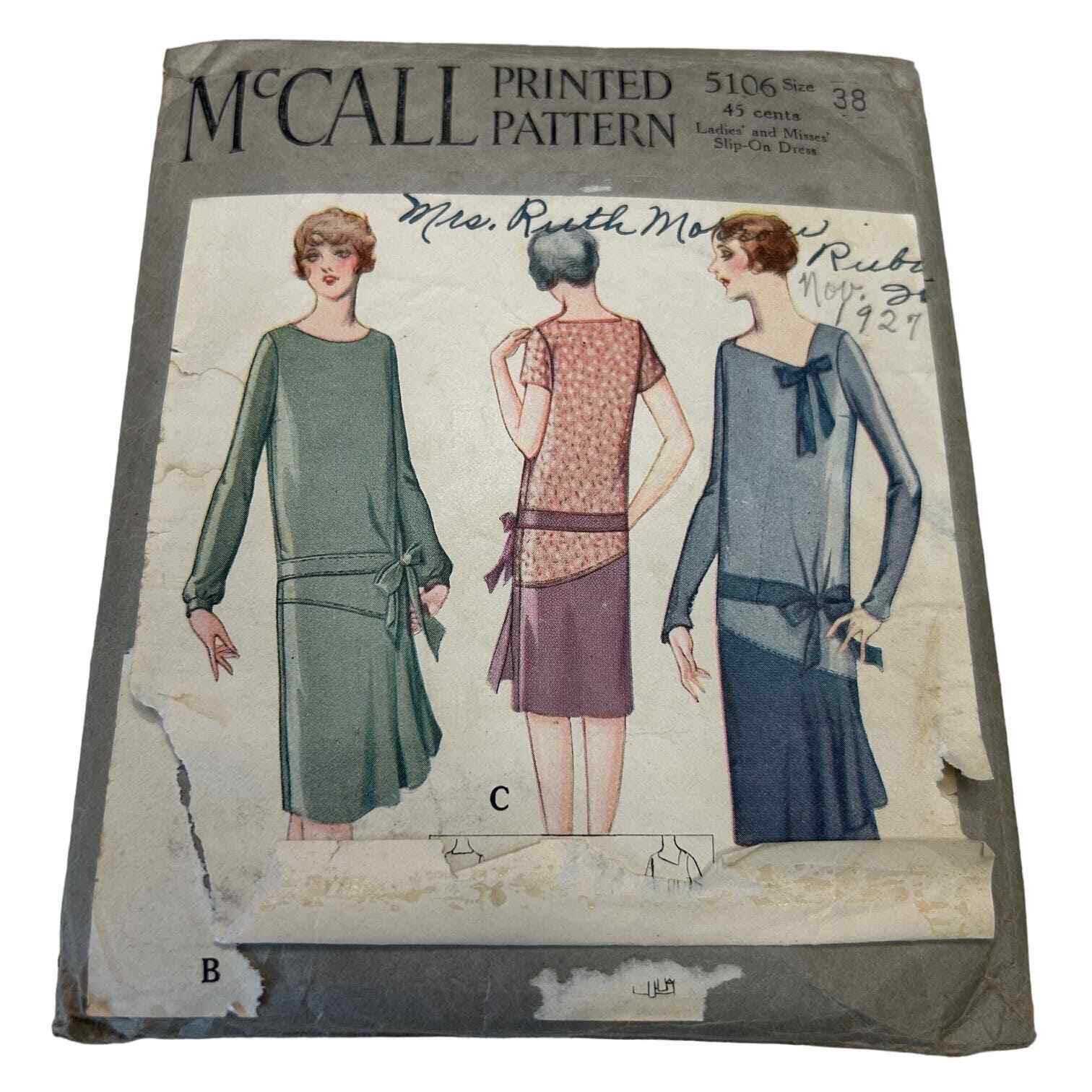 McCall Antique Early 1900's Pattern #5106 Ladies Slip On Dress Size 38 HTF RARE McCall Antique Early 1900's Pattern #5106 Ladies Slip On Dress Size 38 HTF RARE