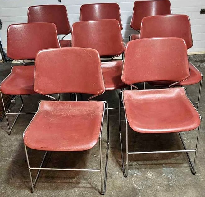 (8) Vintage 1970s KRUEGER MATRIX Stackable CHAIRS Salmon Pink Brick Grapefruit