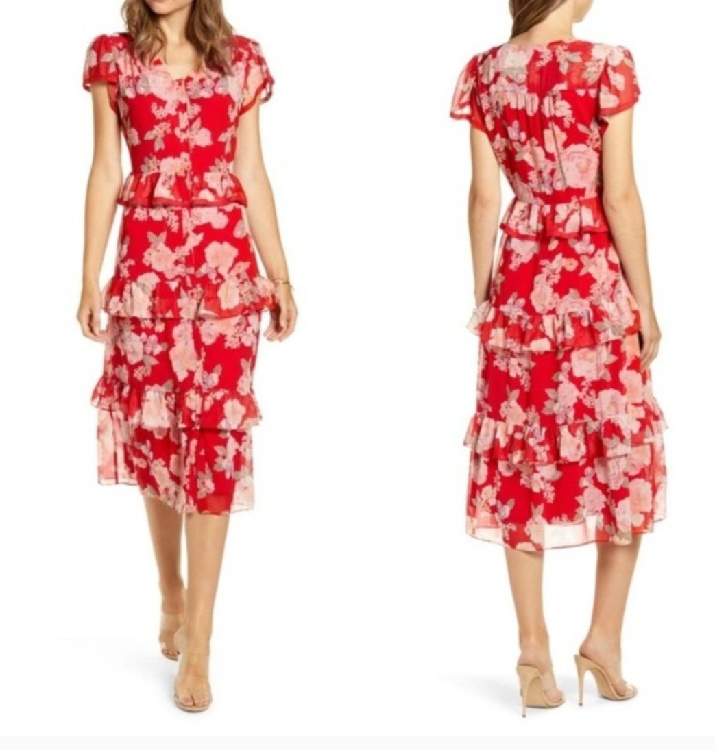 NWT Rachel Parcell Red Floral Ruffle Button Down Midi Shirtdress Size L