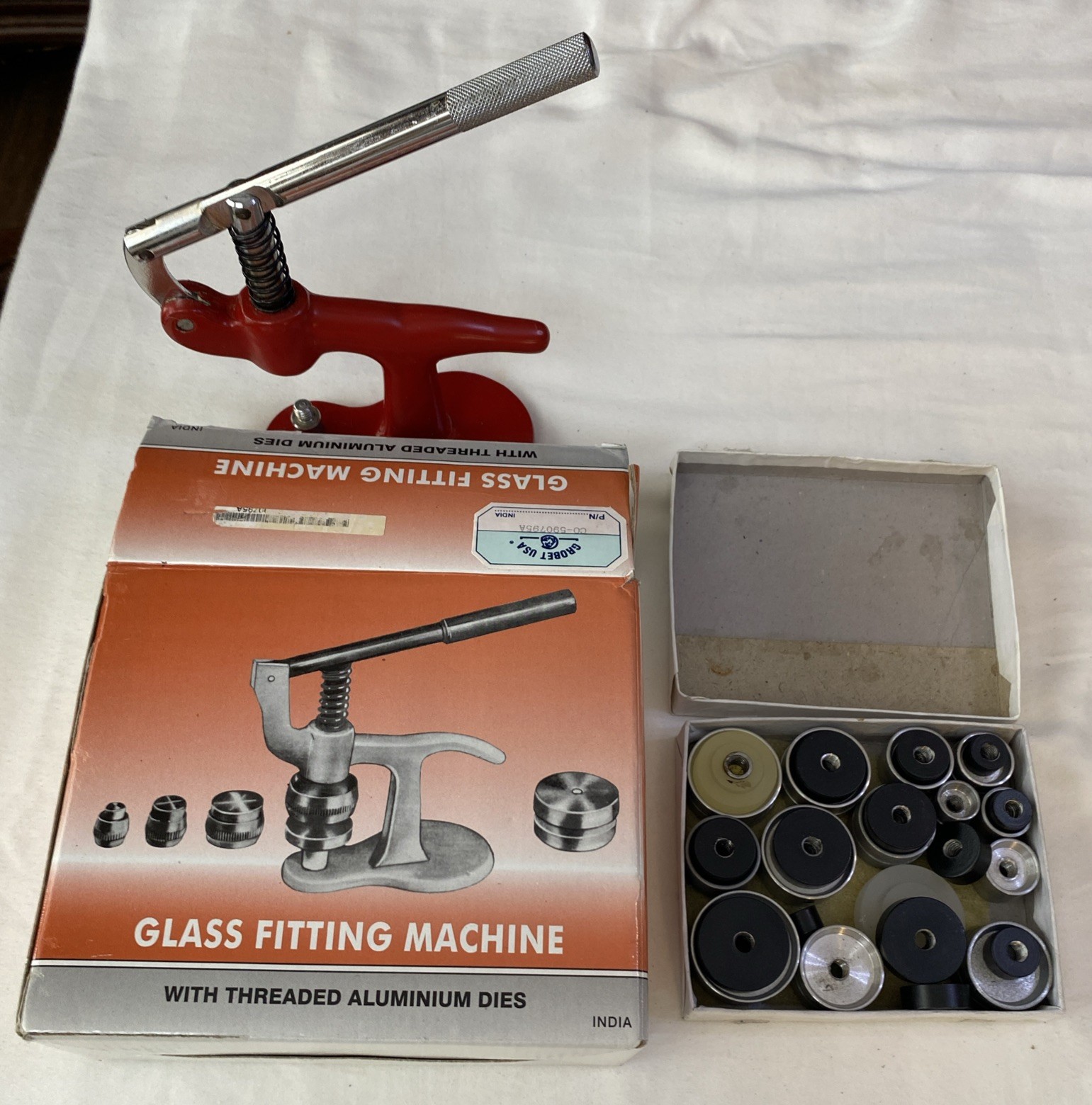 Watch Glass Fitting Machine Aluminum Dies Press W/ Aluminum Dies W/ Box Vintage