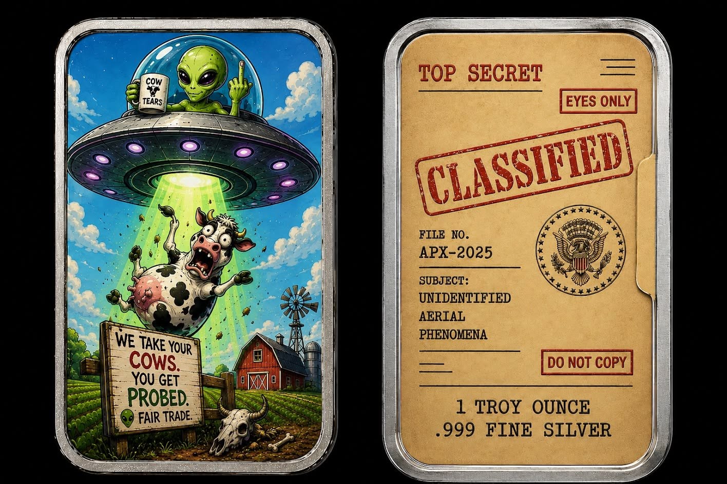 XVI Mint  The Classified Files Bovine Conspiracy 1 oz Silver Color Art Bar in...