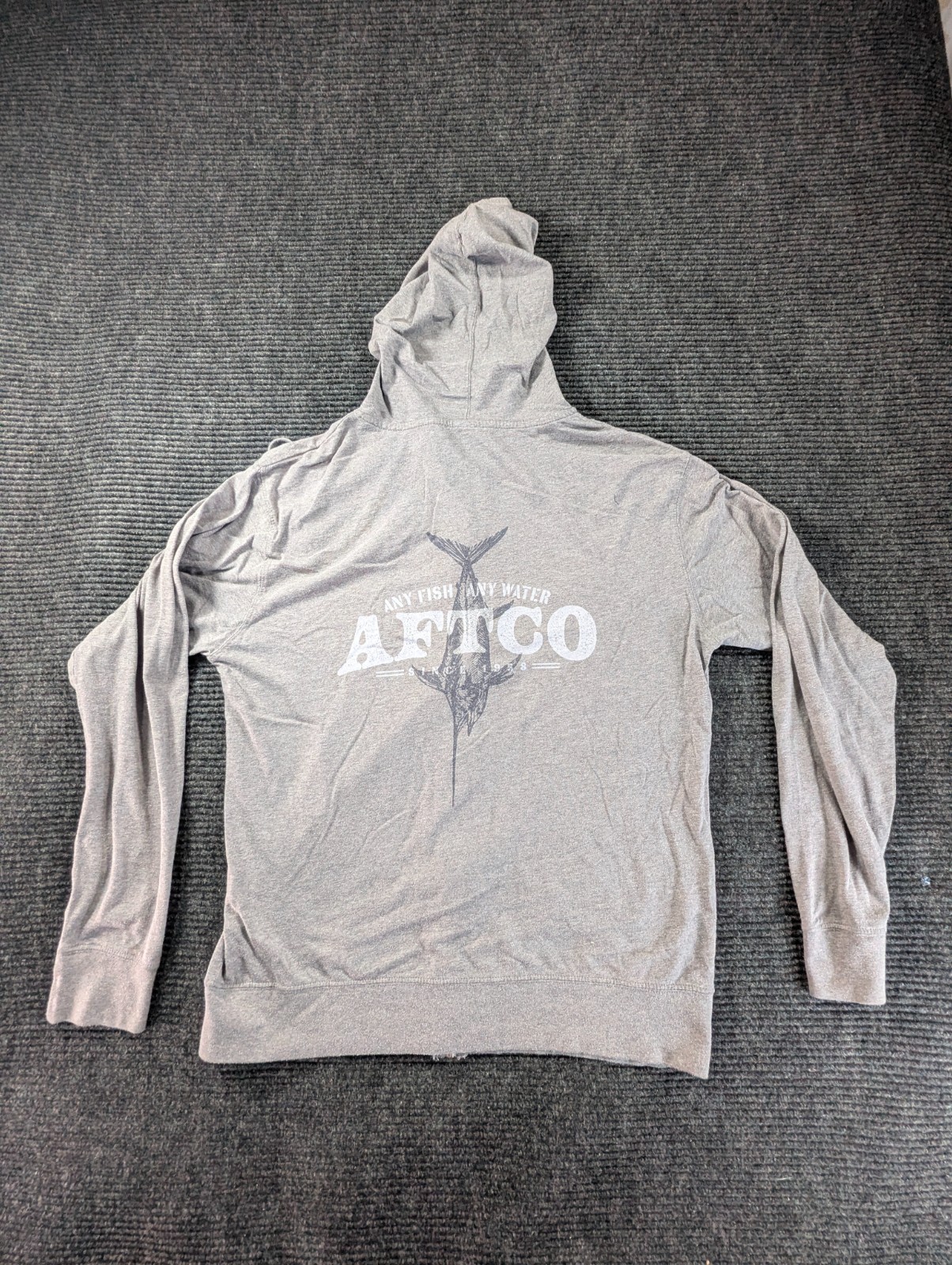 AFTCO Pullover Hoodie Mens Medium Gray Fishing Graphic Lightweight Drawstring