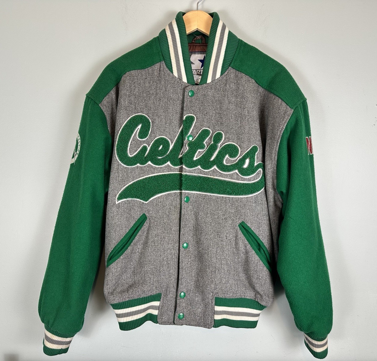 Starter Vintage 90s Boston Celtics Varsity Jacket NBA Wool Mens M Gray Green