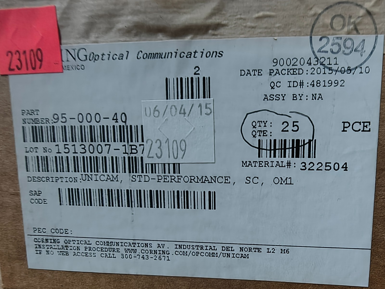Corning Optical Communications 95-000-40 Unicam,STD-Performance,SC,OM1, QTY 25 Corning Optical Communications 95-000-40 Unicam,STD-Performance,SC,OM1, QTY 25
