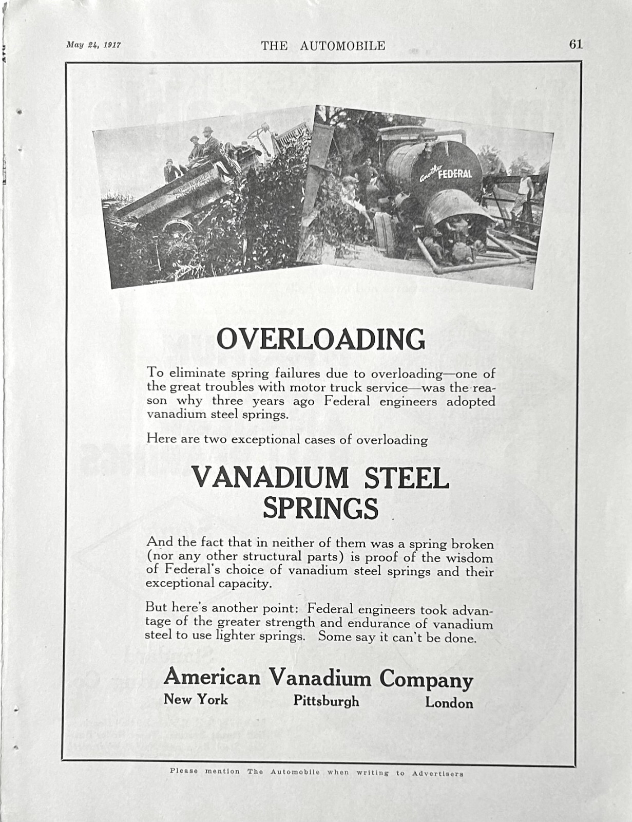 1917 Ad American Vanadium Co Vanadium Steel Springs Eliminate Overload Failure